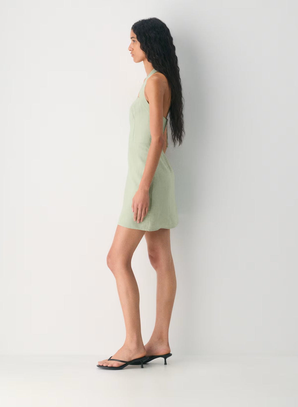 Organic Linen Halter Mini Dress-Silver Sage Green