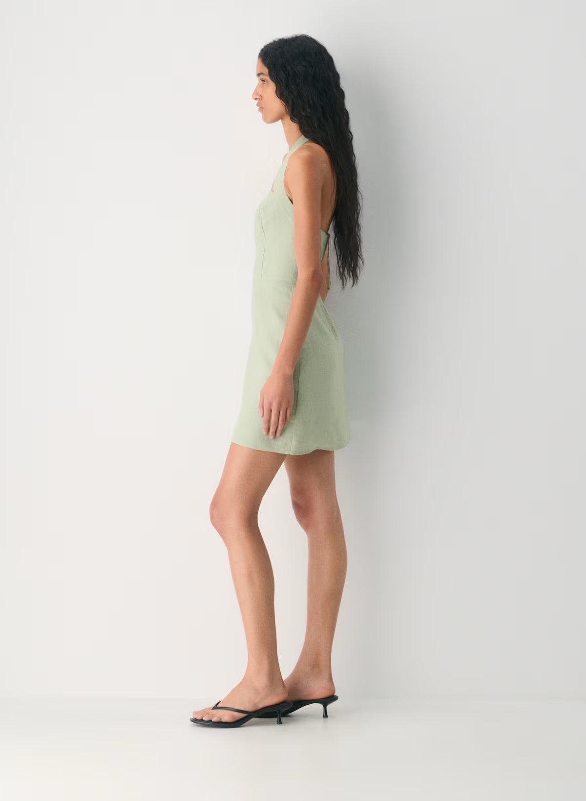 Organic Linen Halter Mini Dress-Silver Sage Green