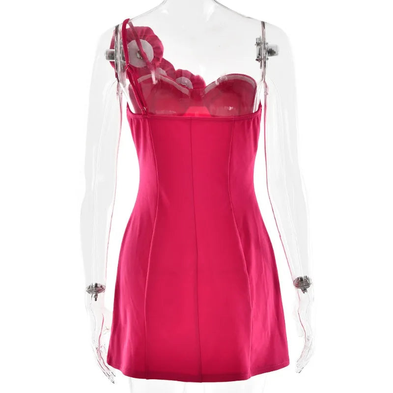 3D Flower-Appliques One Shoulder Backless Mini Dress
