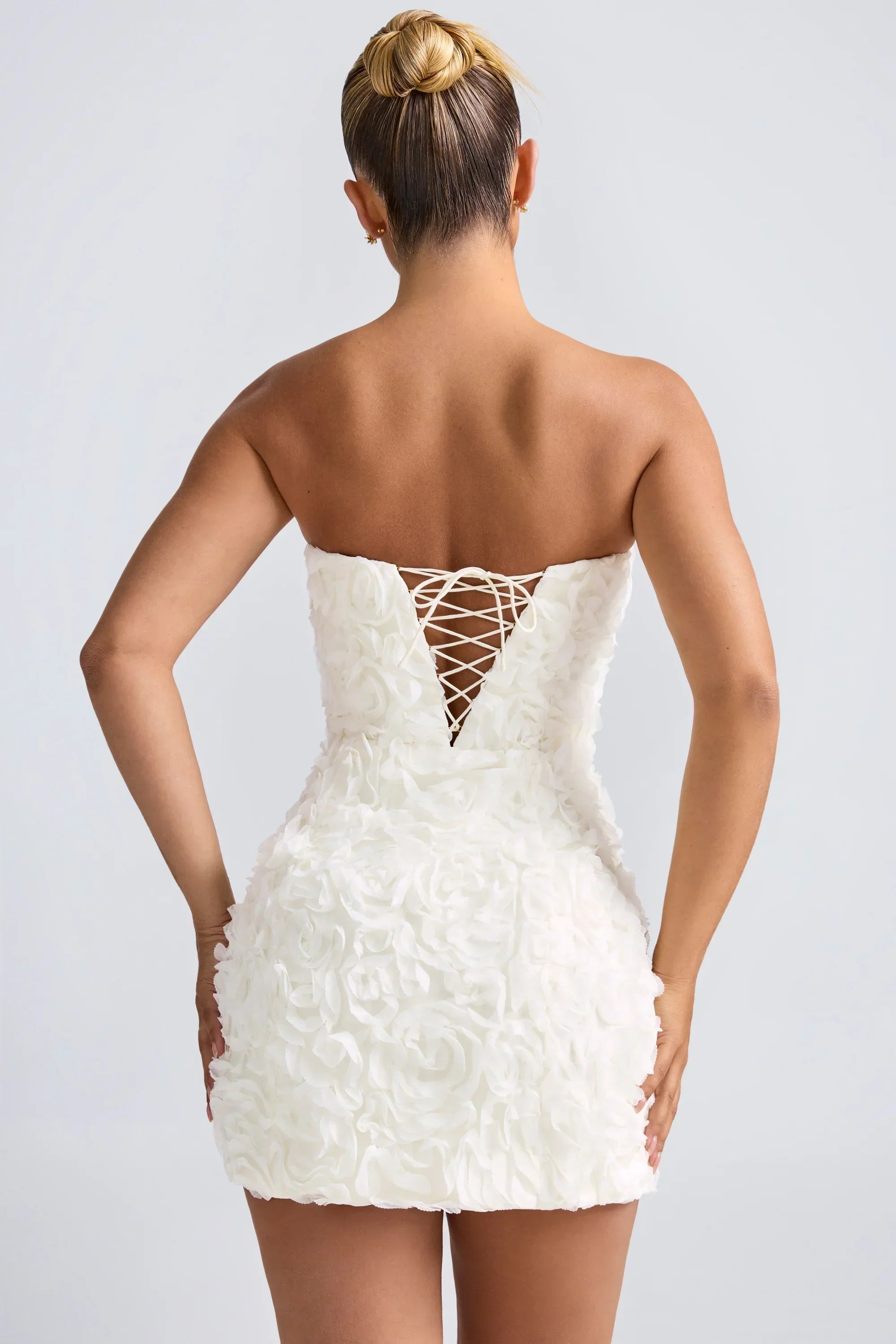 Floral-Appliqué Bandeau A-Line Mini Dress In White