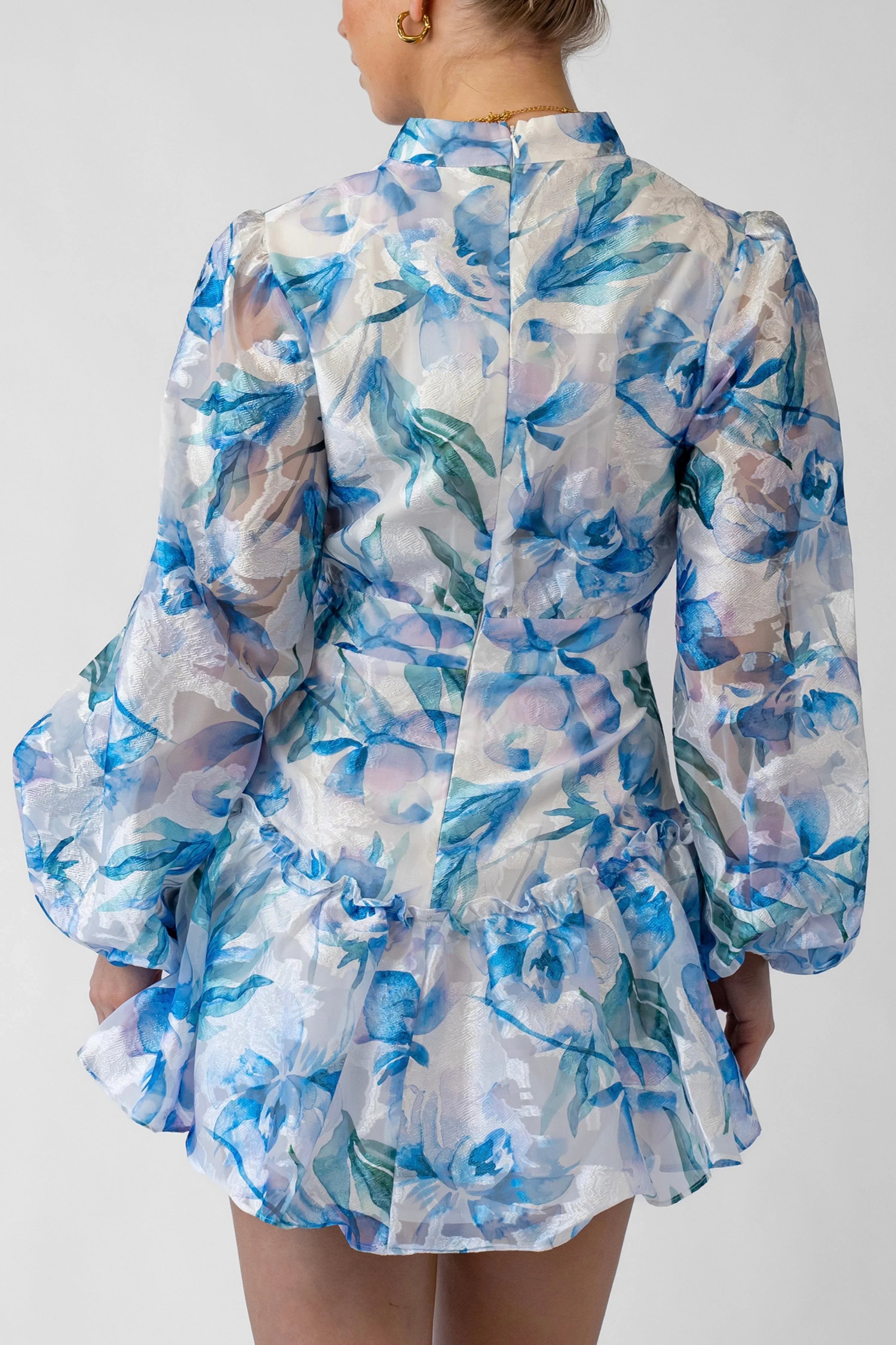 Hazel Blue Print Mini Dress With Long Sleeves