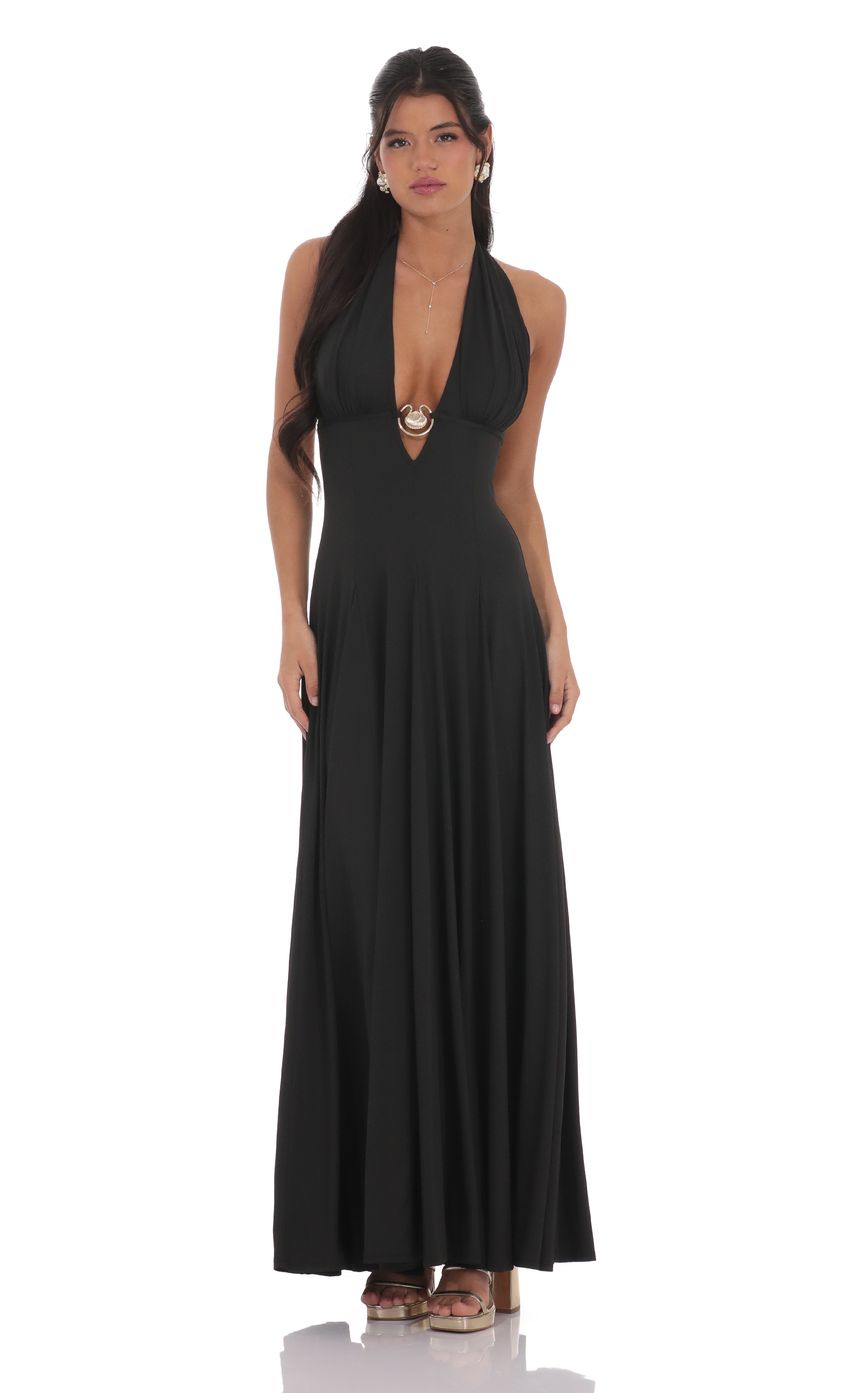 Shell Embellished Plunge Neck Maxi Dress in Black