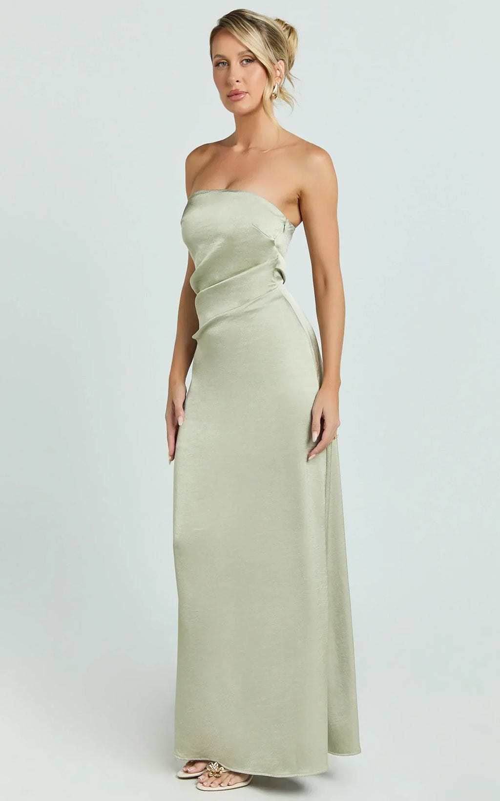 Laurie Maxi Dress - Strapless Draped Satin Dress in Light Olive