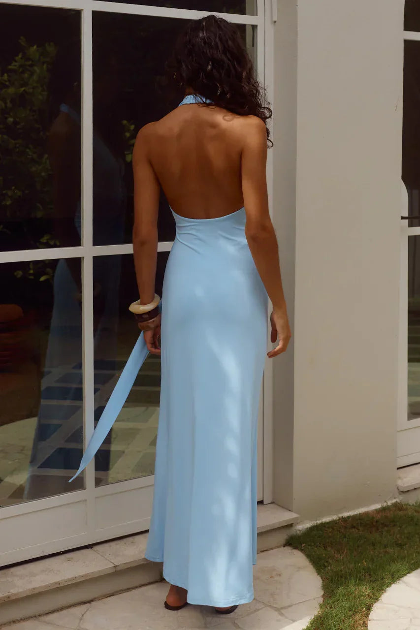 Kaeli Tie Front Halter Maxi Dress - Sky Blue