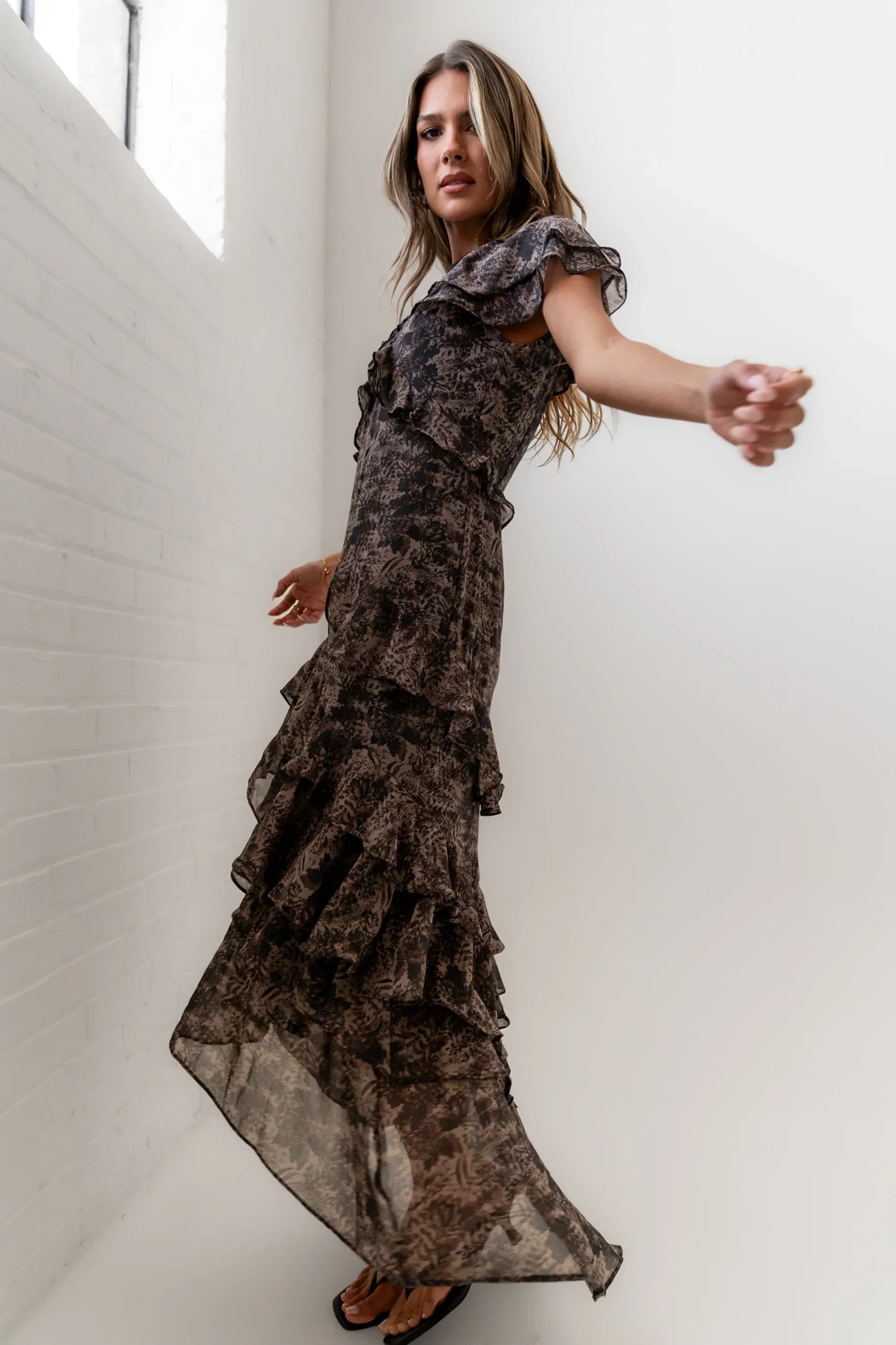 James Ruffle Maxi Dress In Grey
