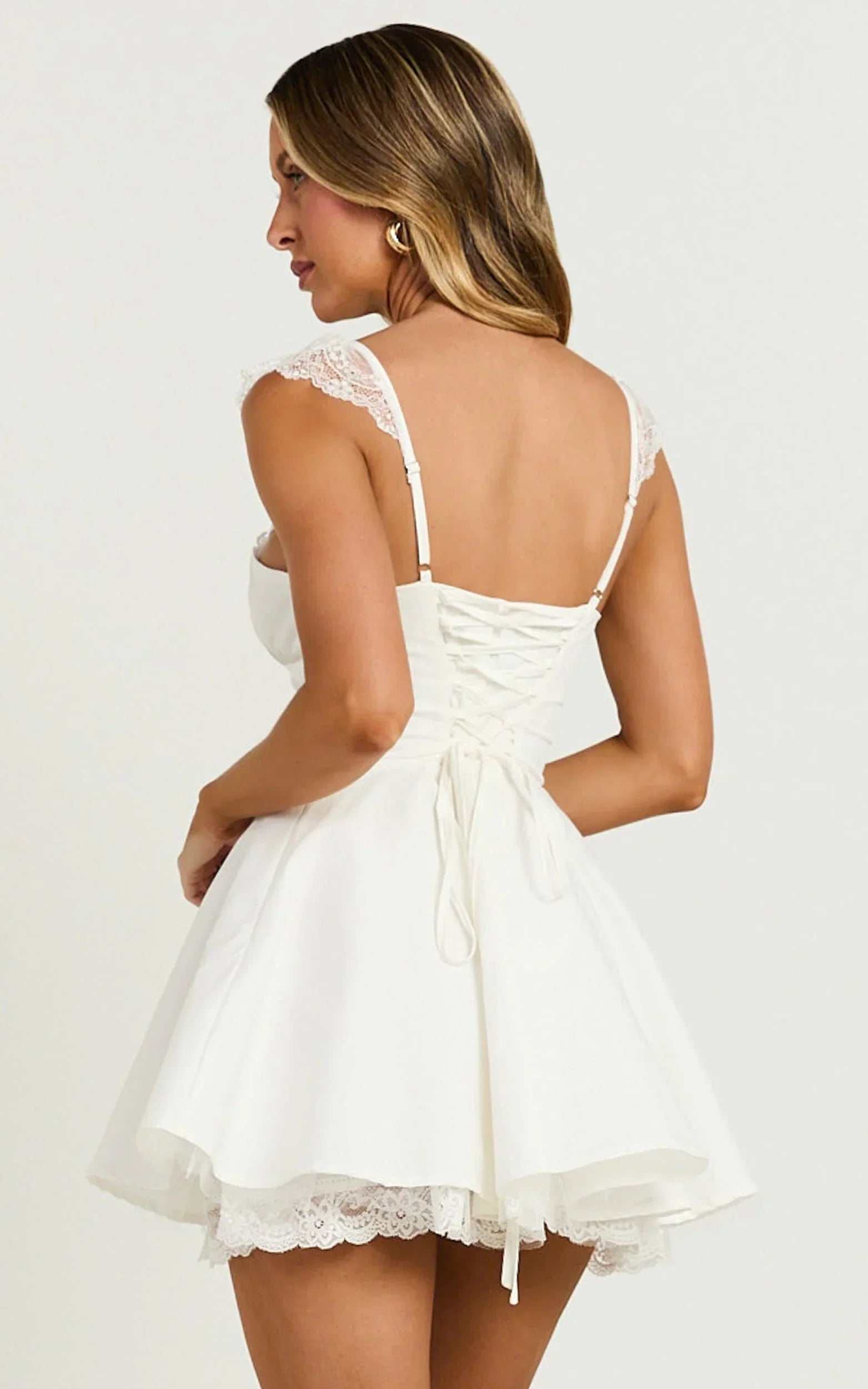 Adalee Mini Dress - Sleeveless Ruched Bodice Lace Trim Dress in Off White