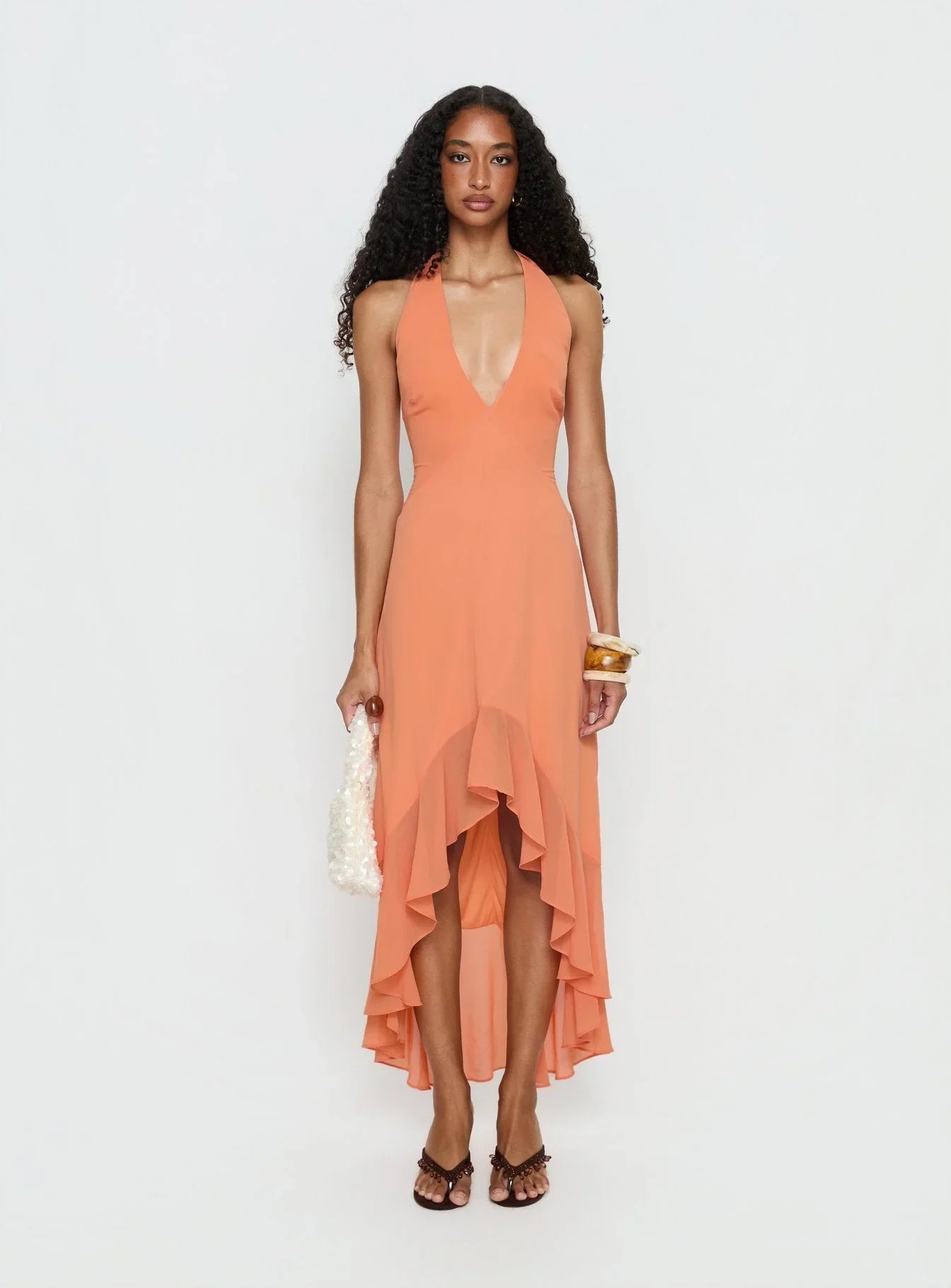 Agata Halter Frill Maxi Dress Orange
