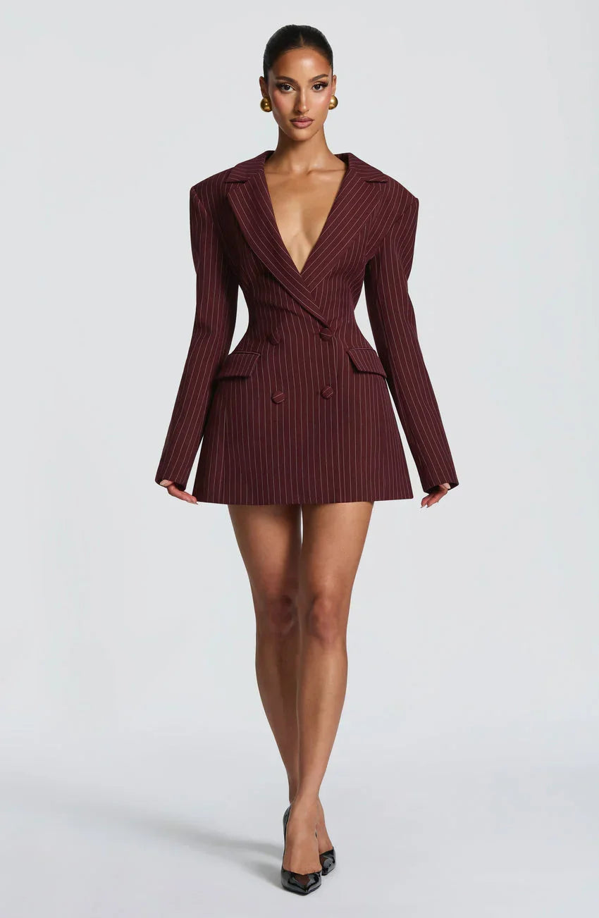 Elvira Mini Dress - Burgundy Pinstripe