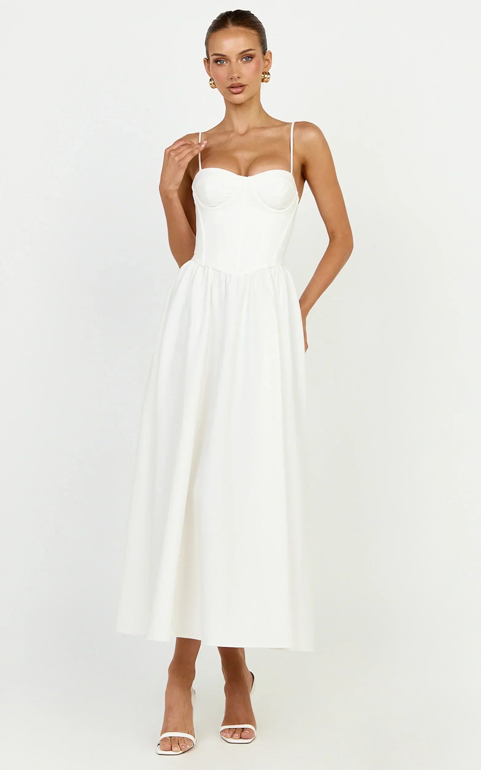 Seren Midi Dress - Corset Bodice Fit And Flare Dress In White