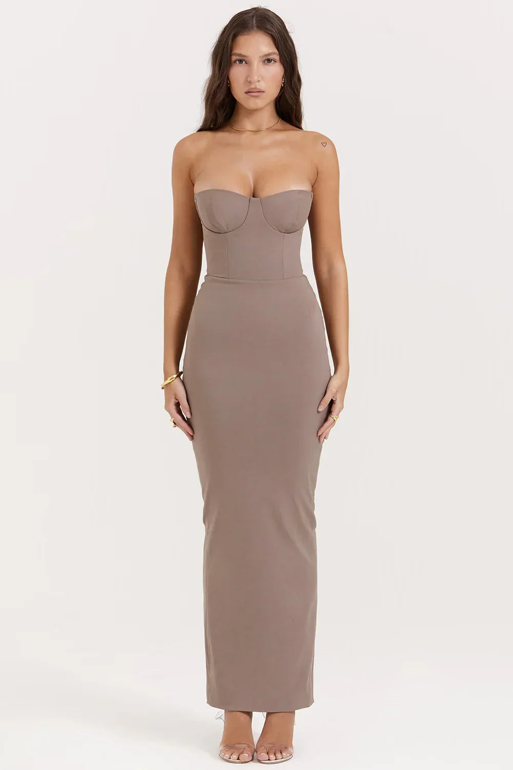 Taupe Strapless Corset Maxi Dress