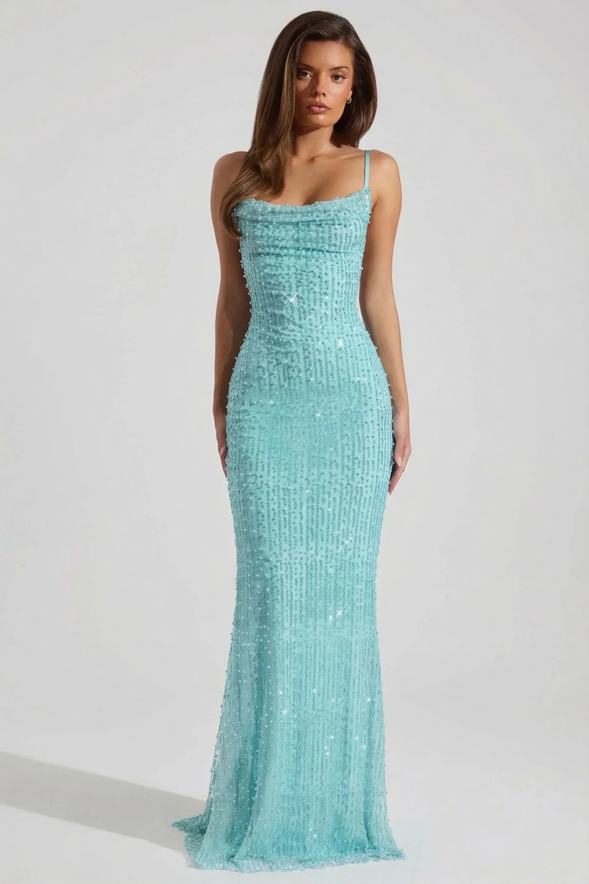 Embellished Cowl-Neck Backless Maxi Dress in Aqua Blue