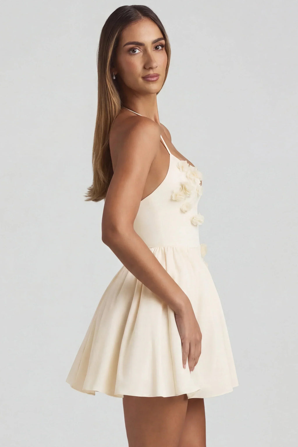 Halterneck Floral-Appliqué Corset Mini Dress In Ivory