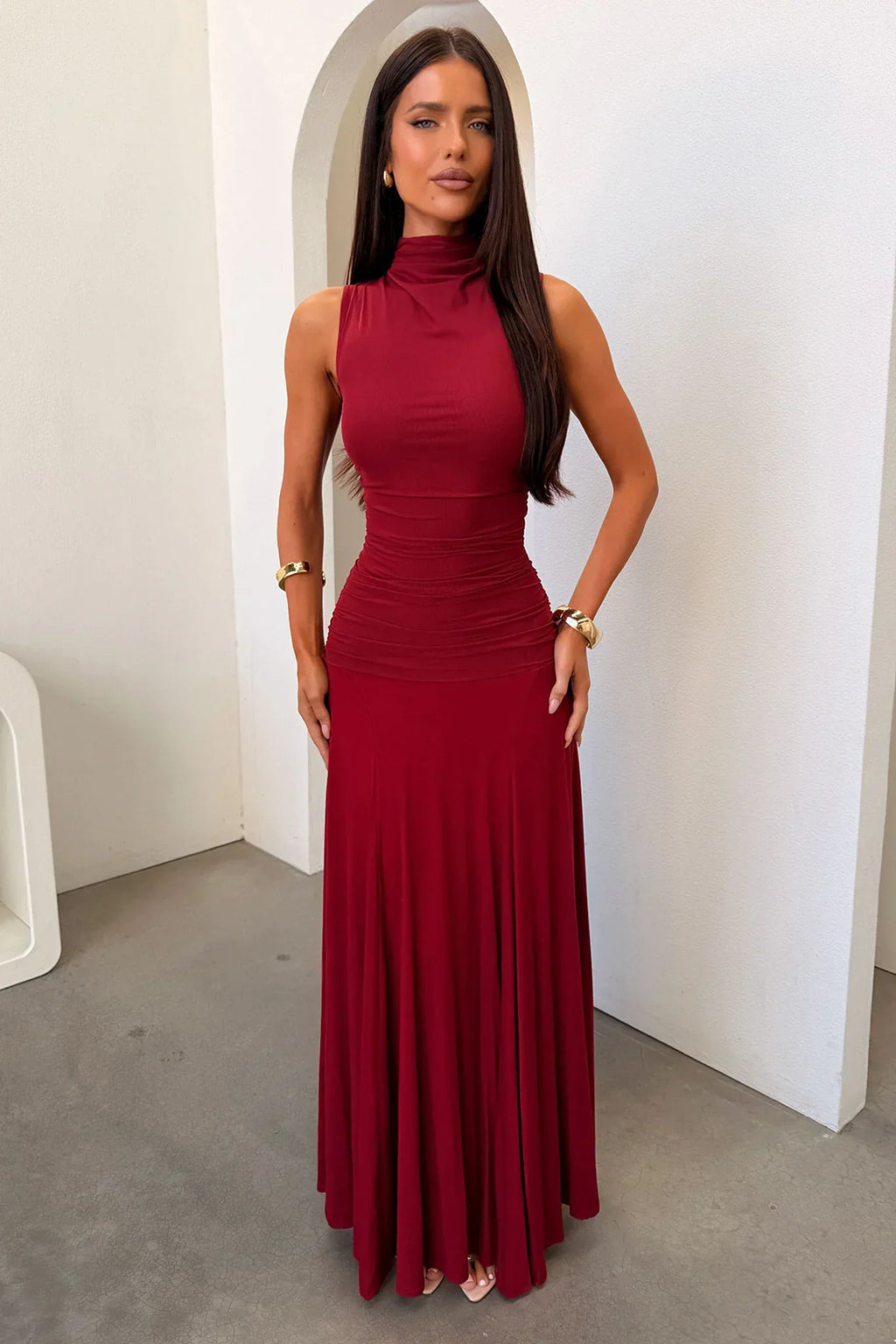 Nixie High Neck Maxi Dress - Burgundy
