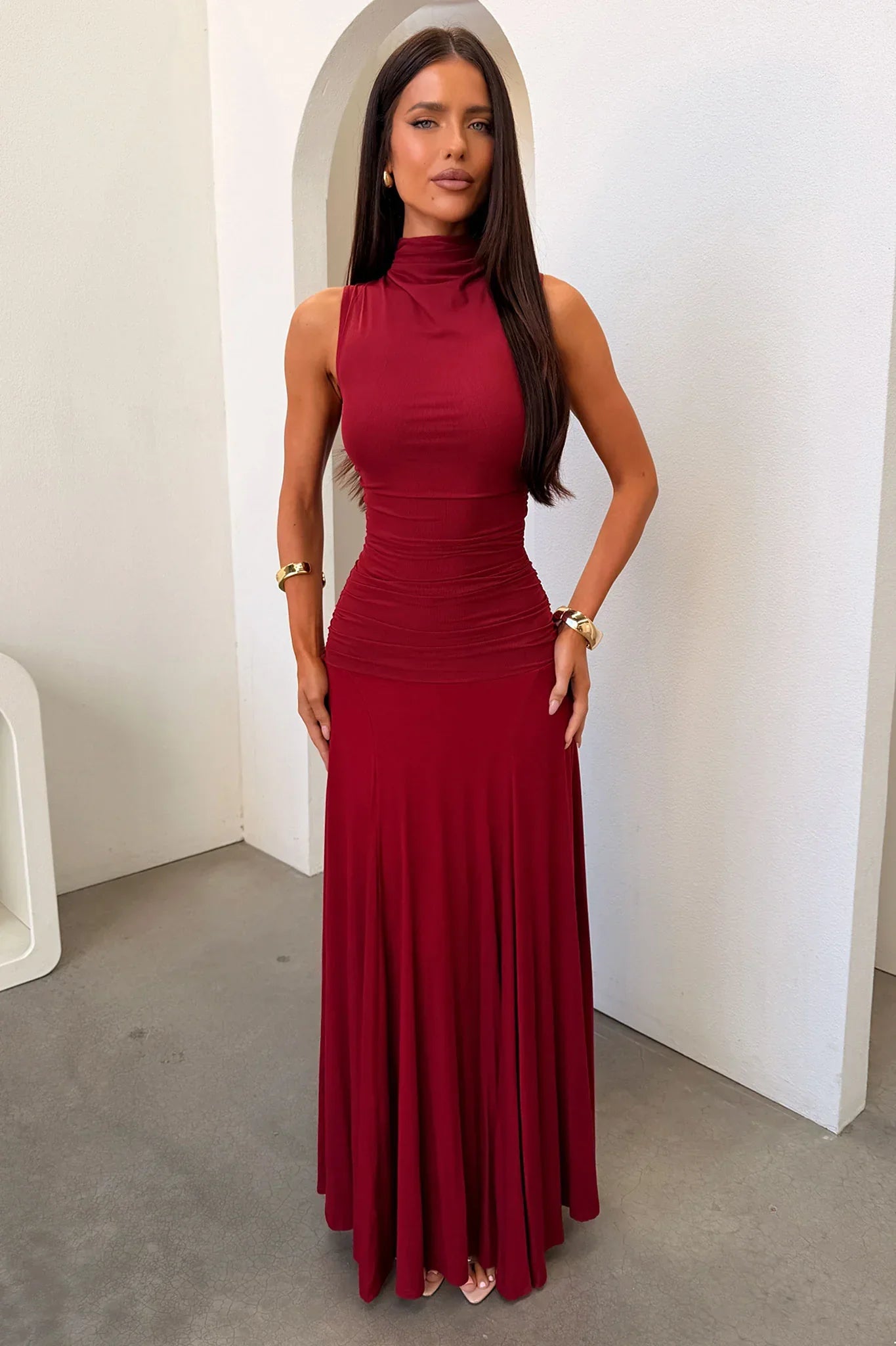 Nixie High Neck Maxi Dress - Burgundy