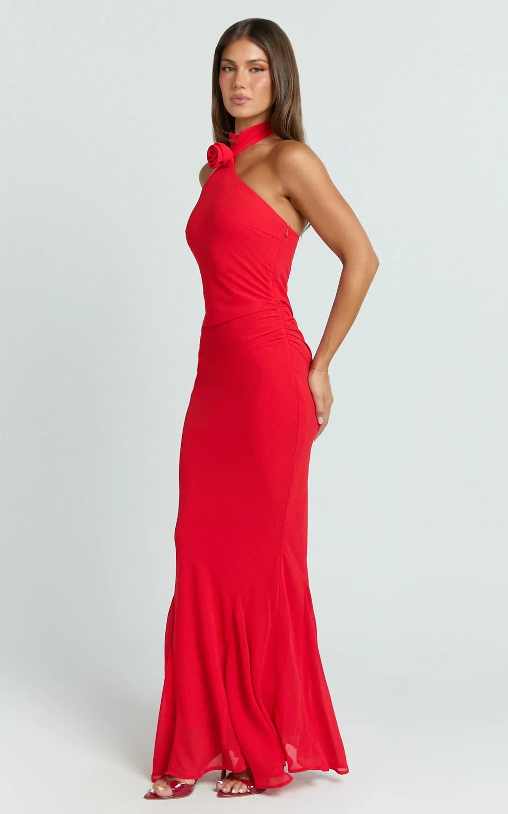 Frederica Maxi Dress - Gathered Halter Neck Godet Dress in Red