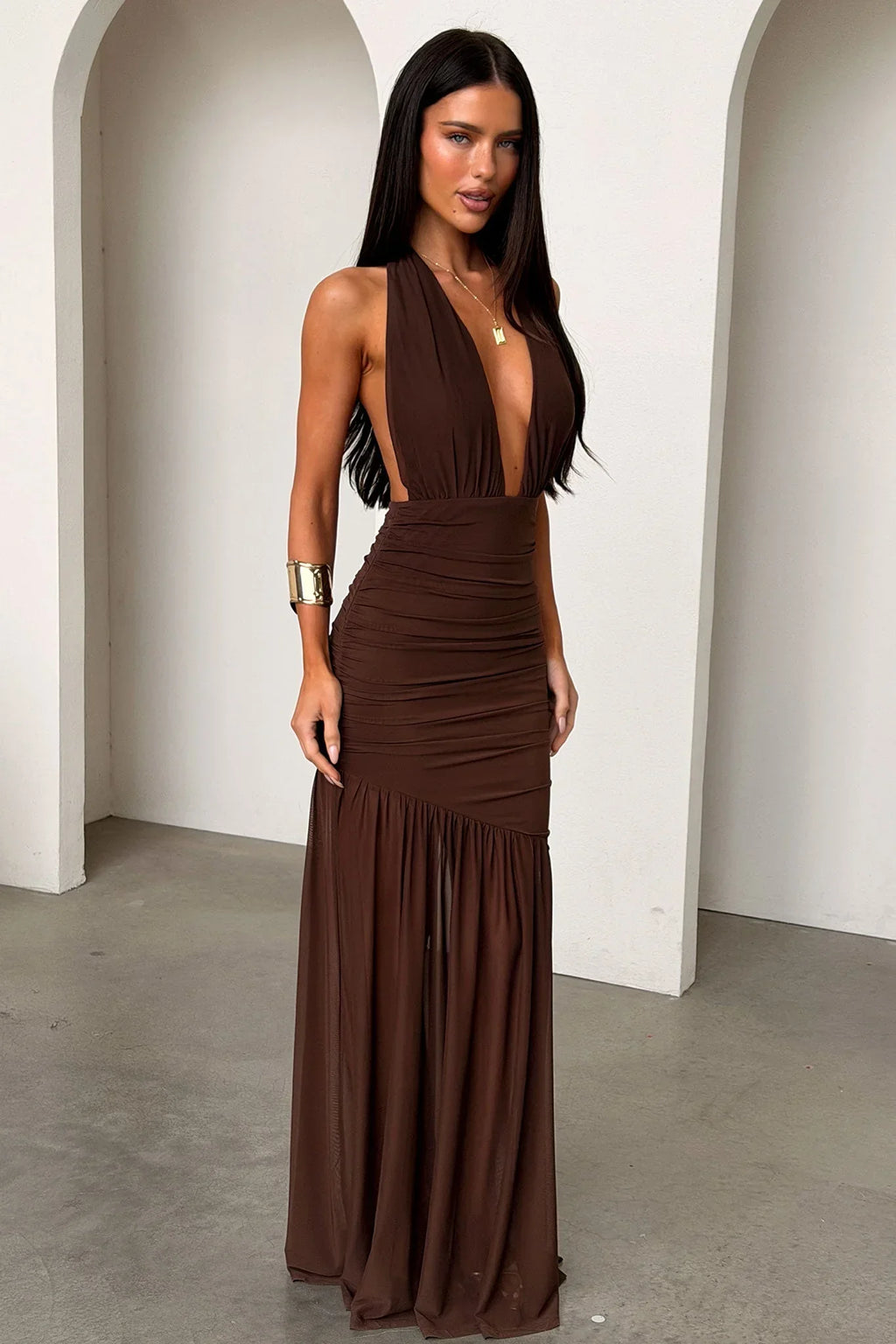 Kova Halter Neck Maxi Dress - Brown