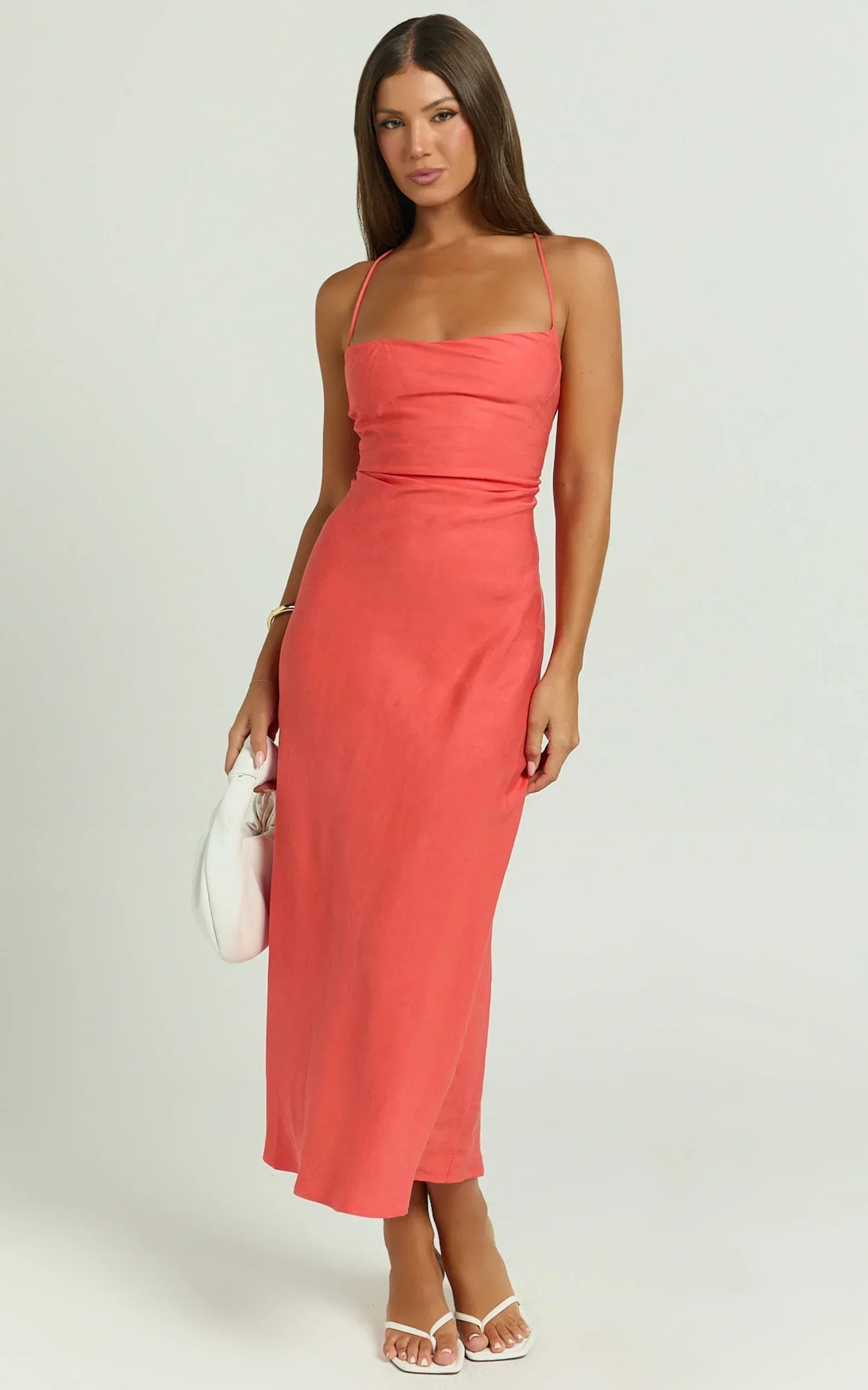 Evangeline Midi Dress - Square Neck Cross Back Bias Dress In Coral