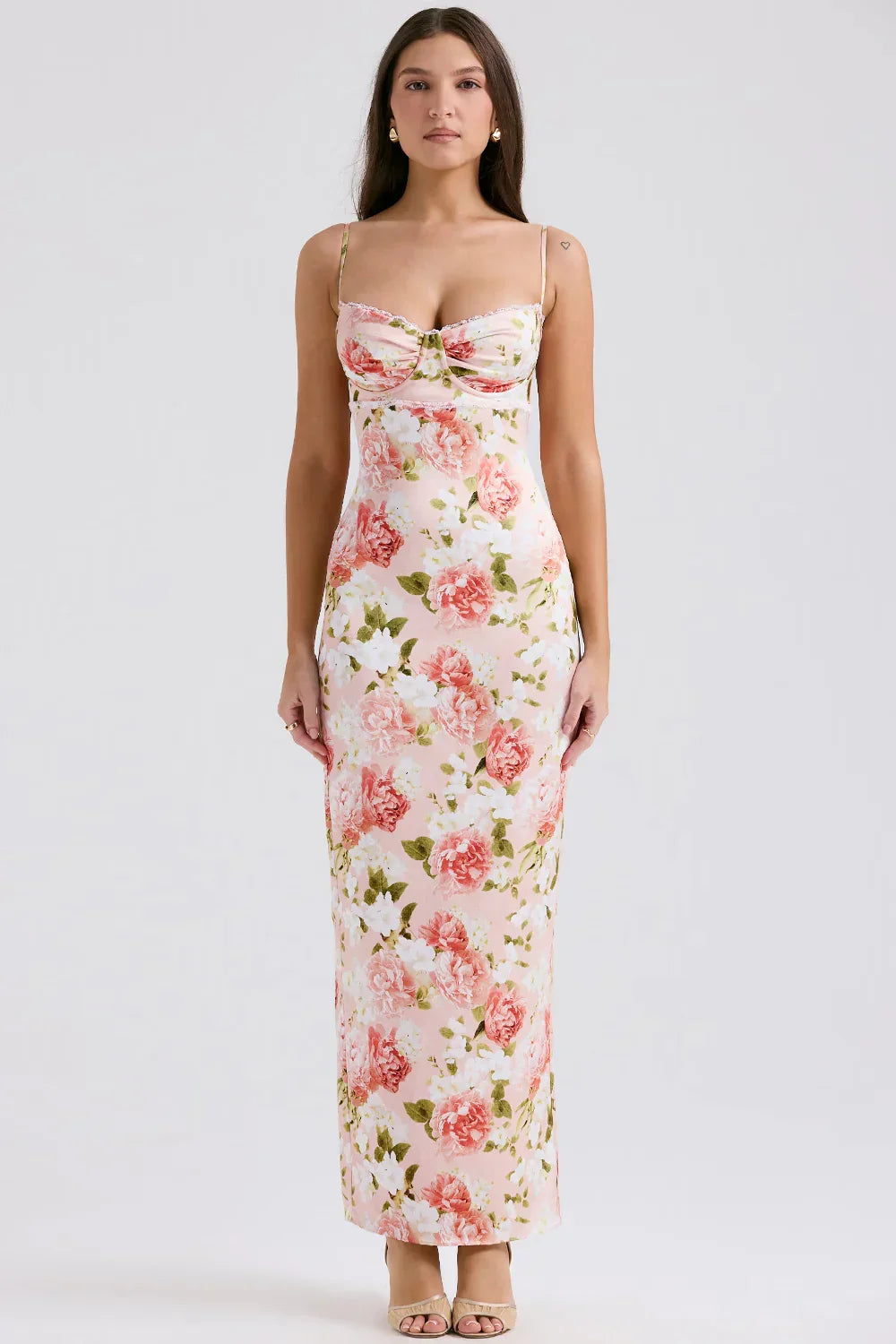 Pink Peony Print Satin Maxi Dress