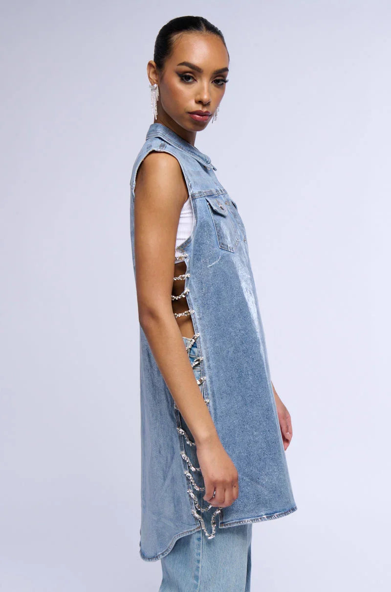 Vegas Rhinestone Trim Metallic Denim Vest