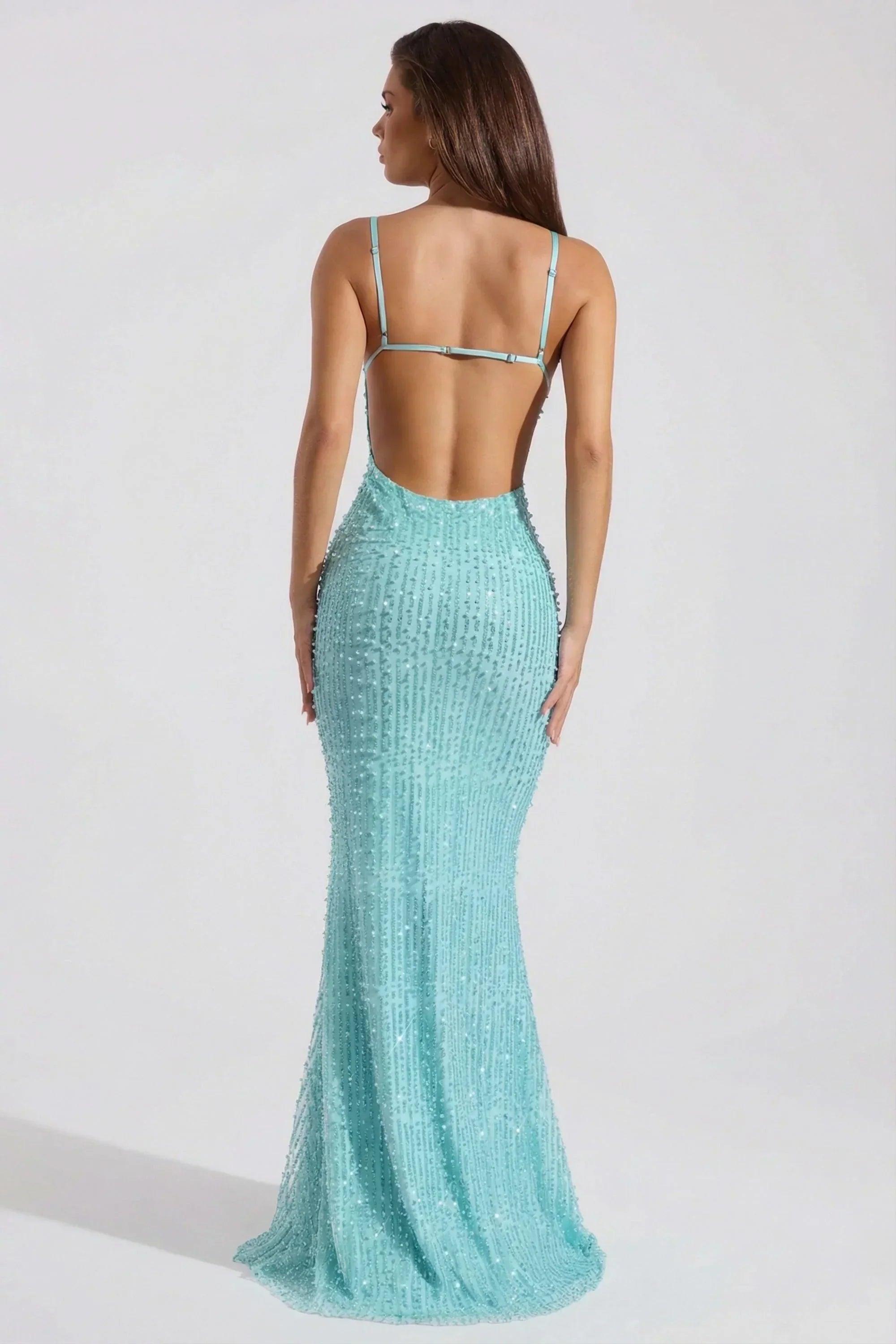 Embellished Cowl-Neck Backless Maxi Dress in Aqua Blue