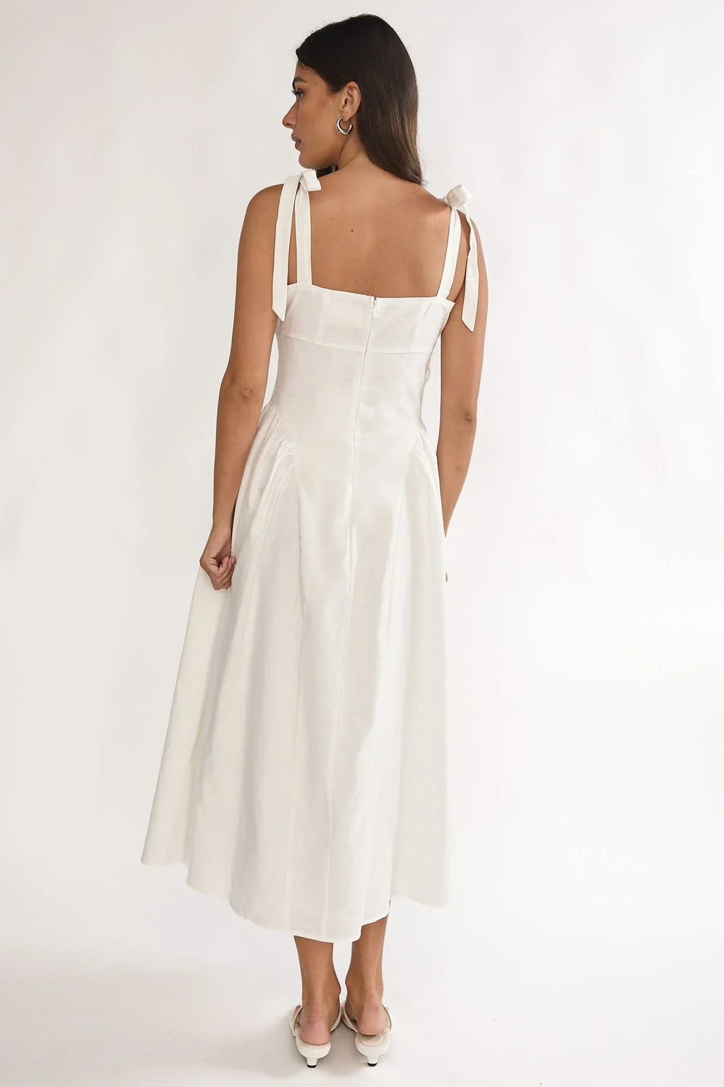Morgana Tied Shoulder Applique Midi Dress Off White