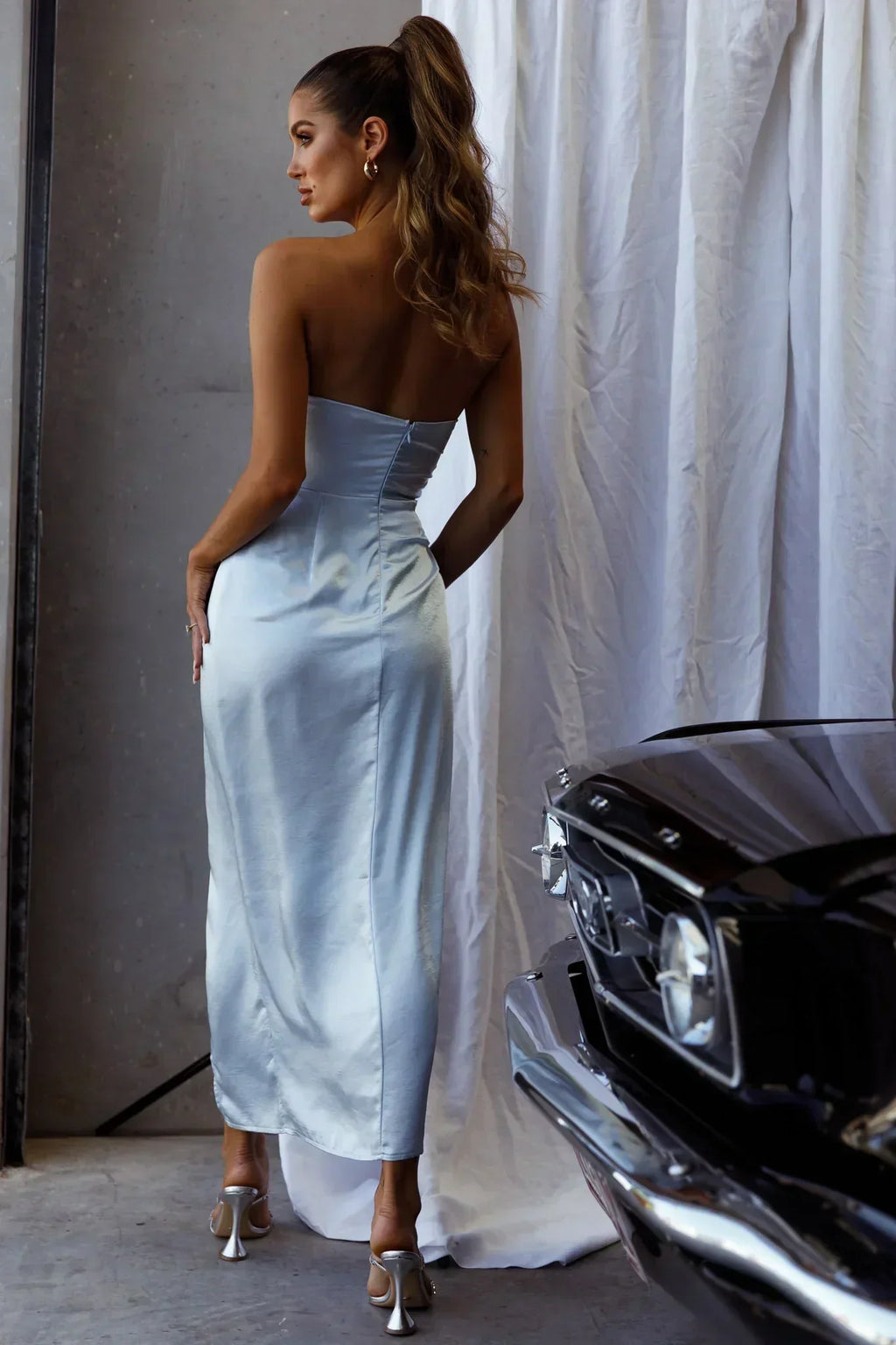 Gianna Strapless Waist Tie Midi Dress Steel Blue