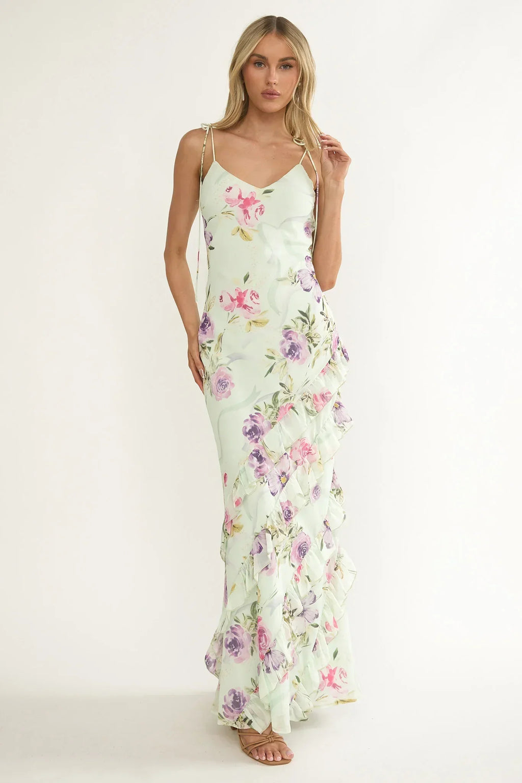 Dreamy Day Ruffle Trim Maxi Dress Mint Floral