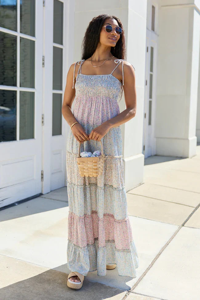 Essie Tiered Pastel Floral Tiered Maxi Dress