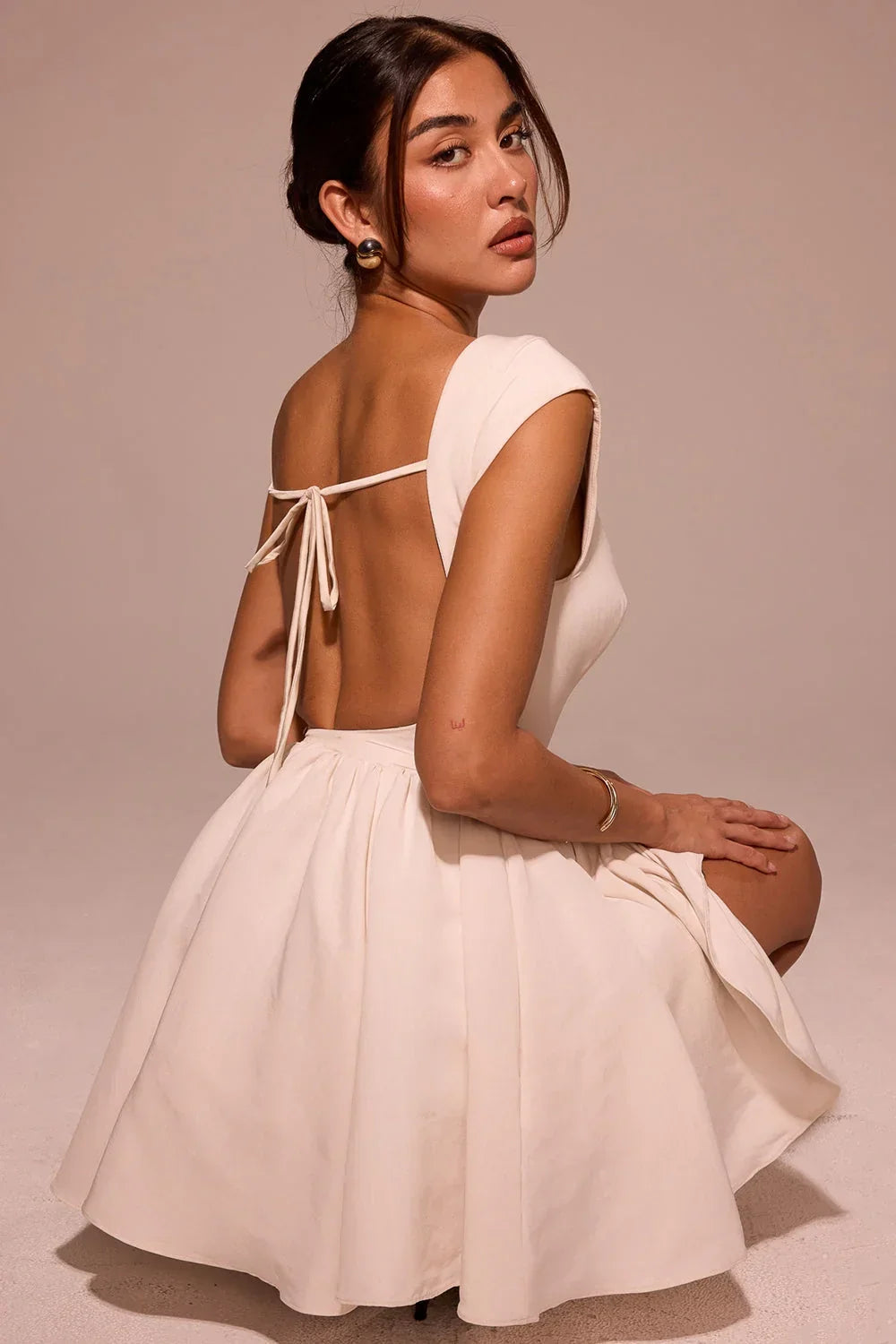 Enchant-White Open Back Mini Dress