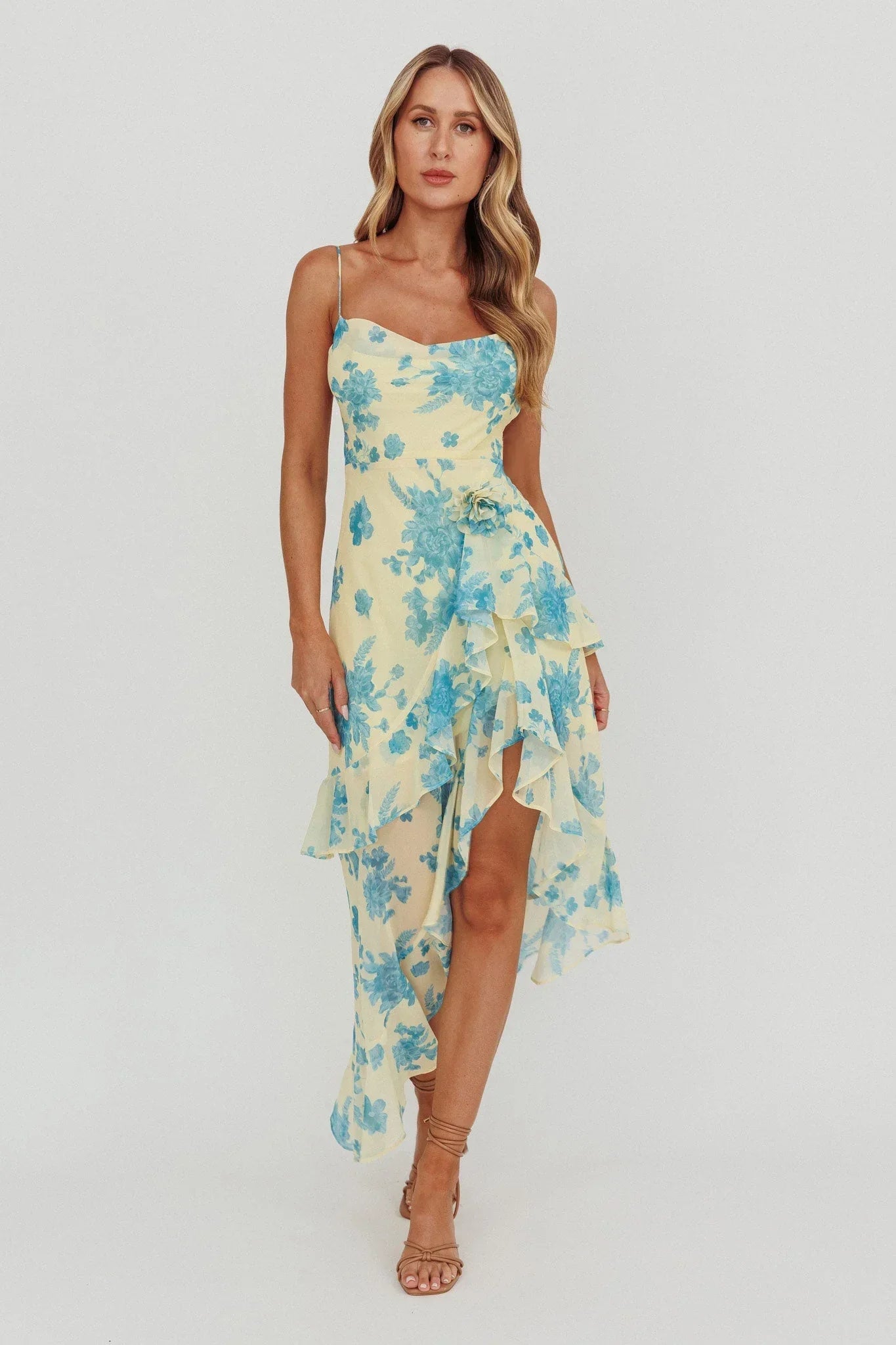 Chances Rosette Ruffle Midi Dress Floral Lemon