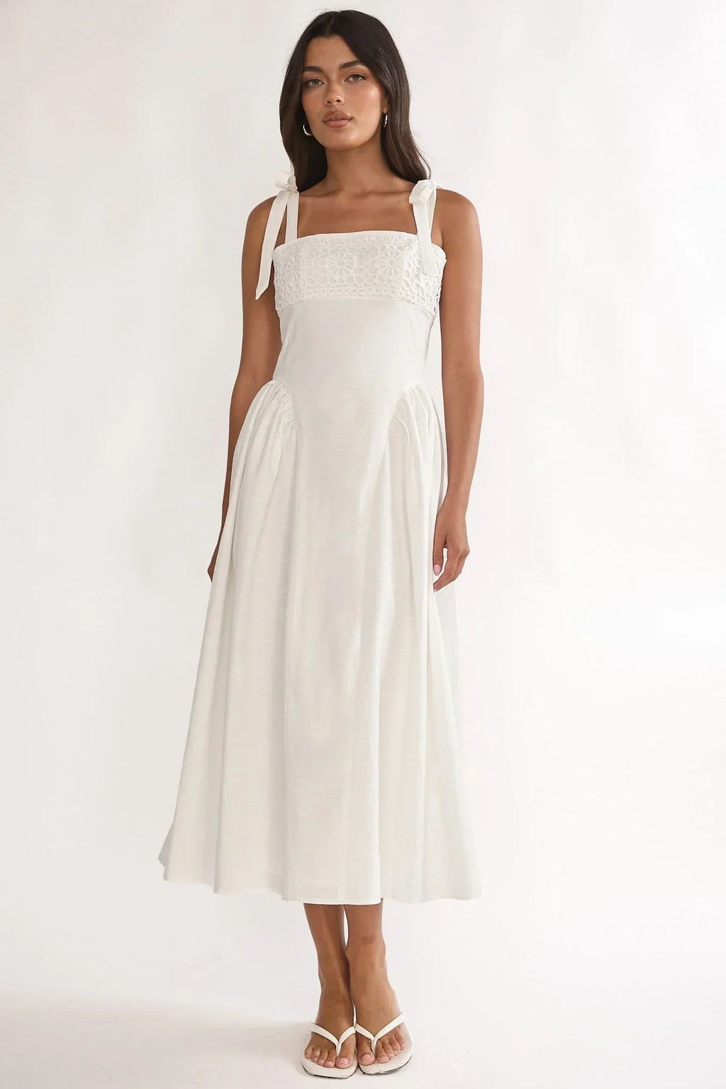 Morgana Tied Shoulder Applique Midi Dress Off White