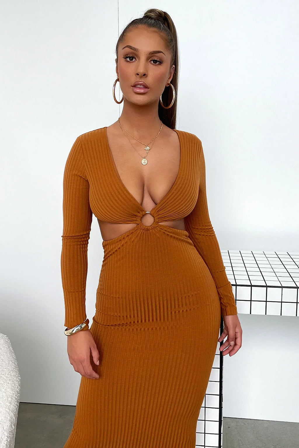 Laska Midi Dress - Rust Brown