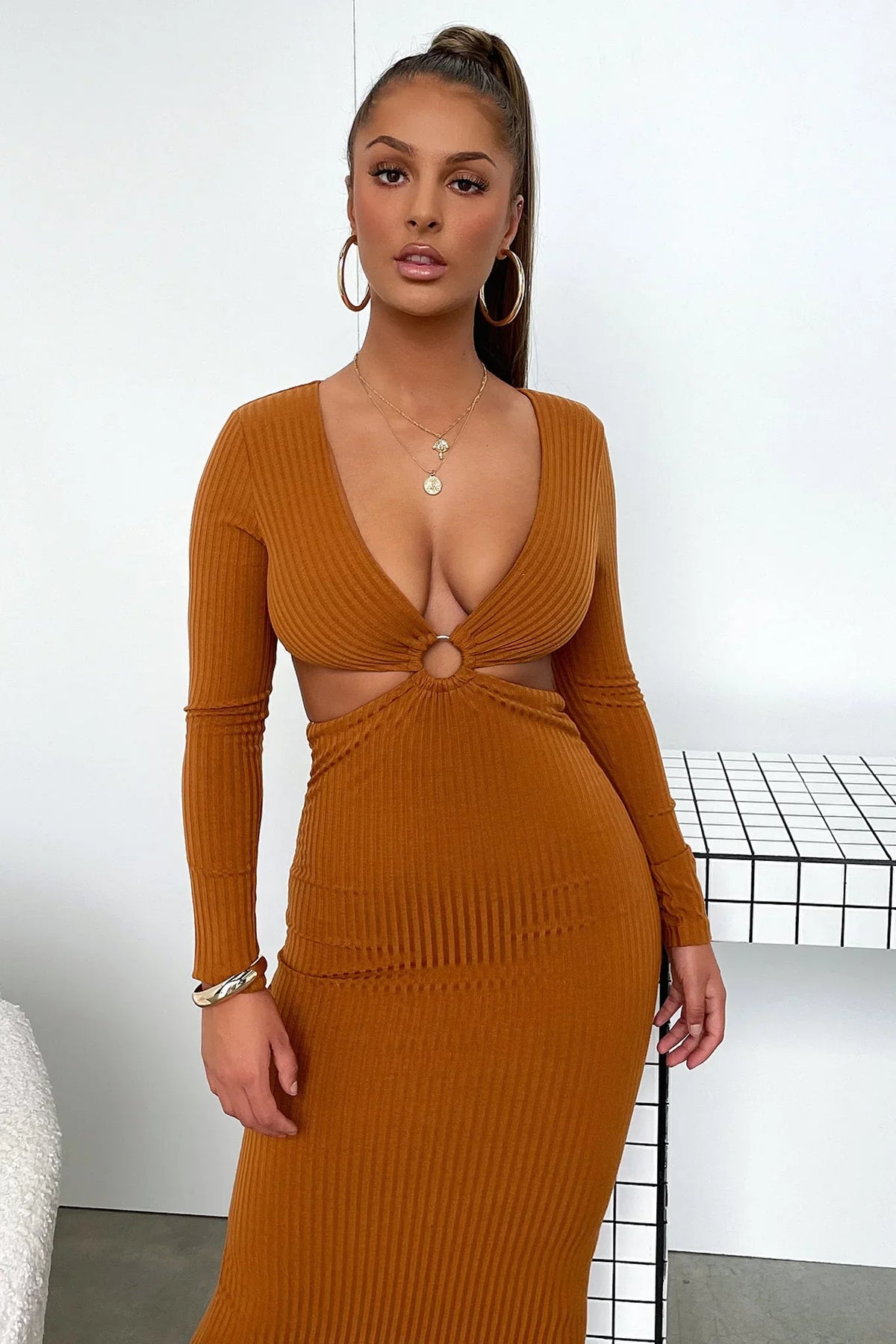 Laska Midi Dress - Rust Brown