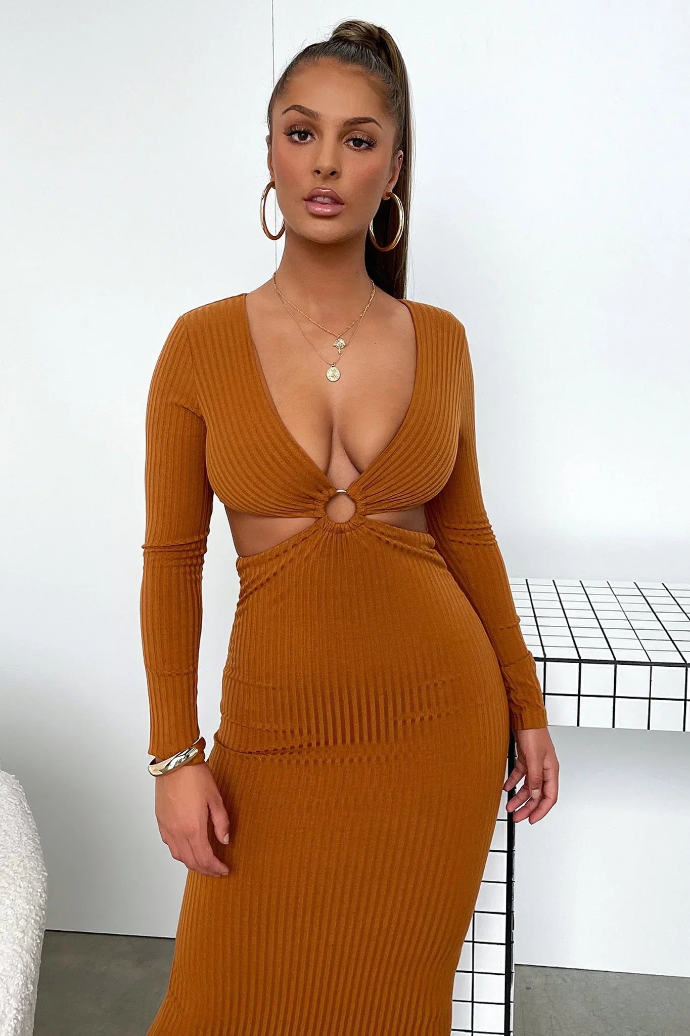 Laska Midi Dress - Rust Brown