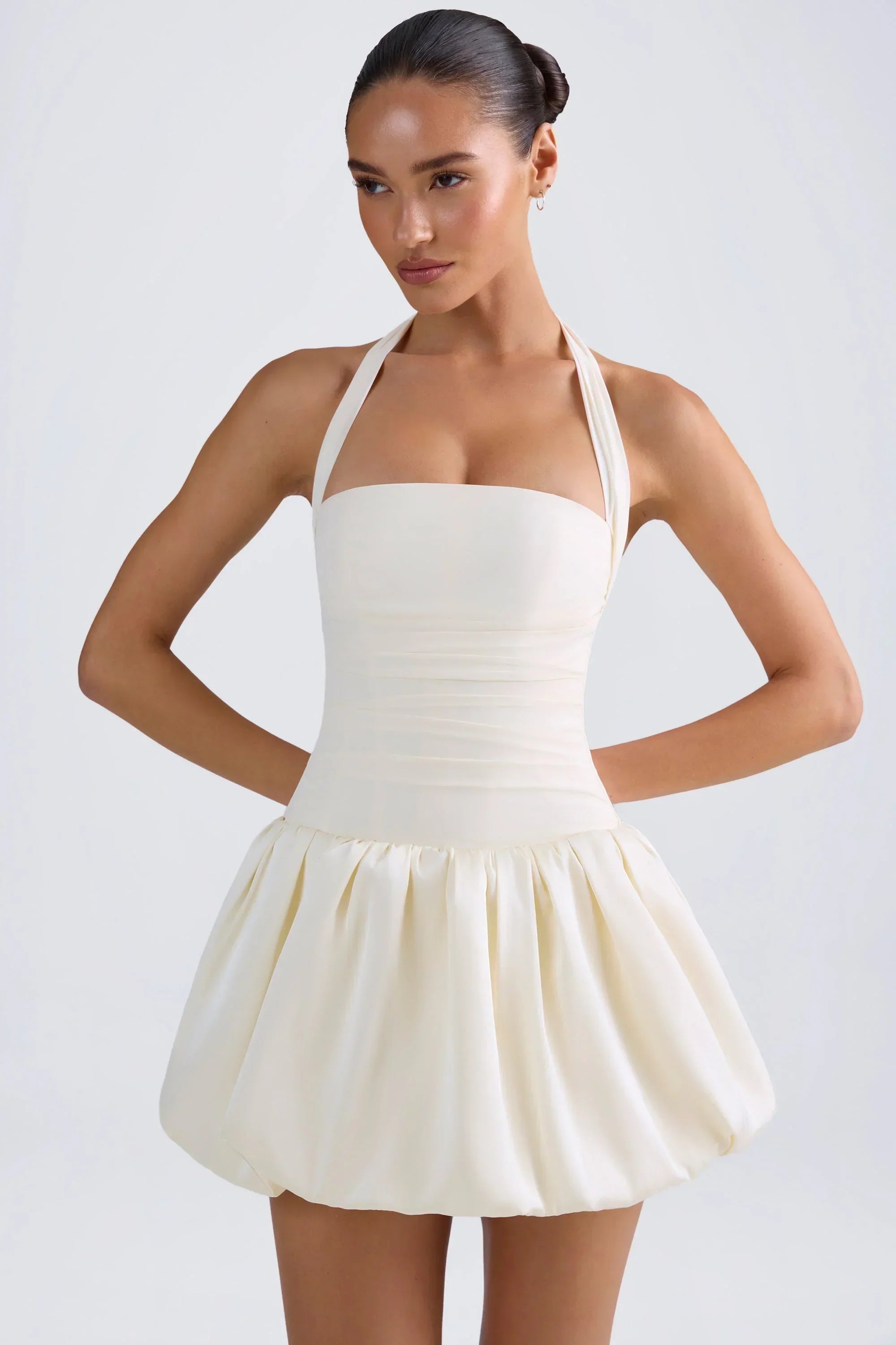 Halterneck Lace-Up Bubble Hem Corset Micro Mini Dress In Ivory