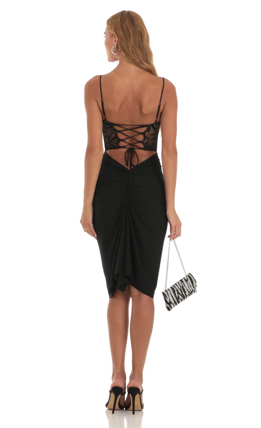 Mesh Shimmer Cutout Midi Dress in Black