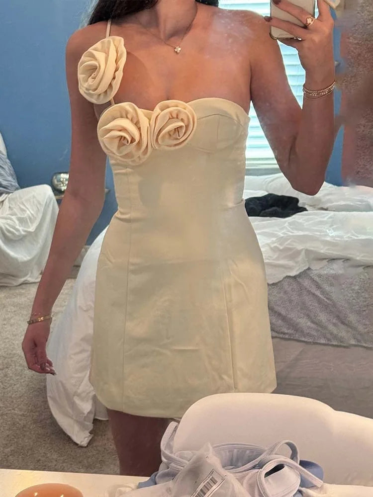 3D Flower-Appliques One Shoulder Backless Mini Dress