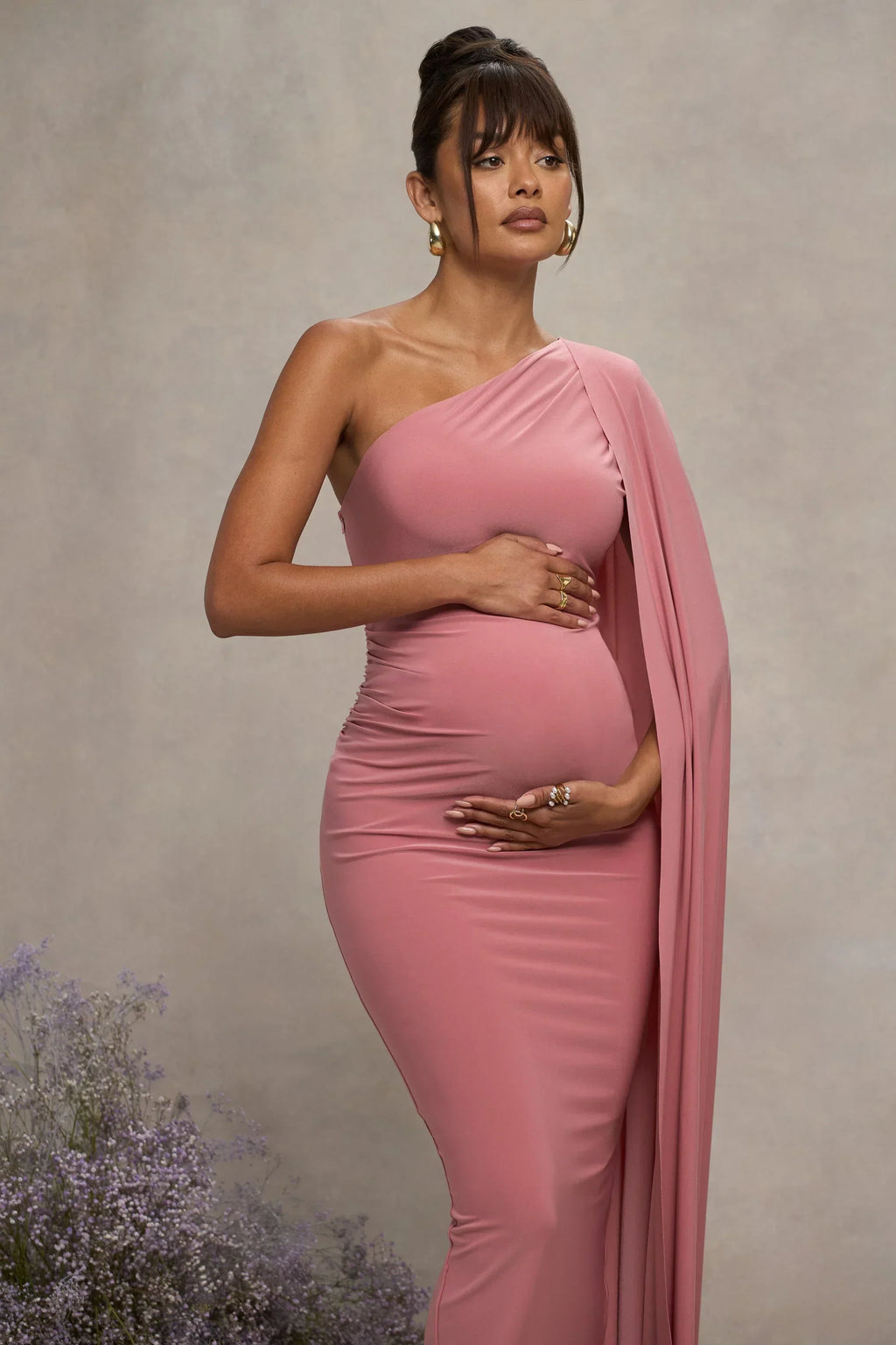 Amaryllis | Blush Pink Maternity One Shoulder Maxi Dress With Cape Sleeve
