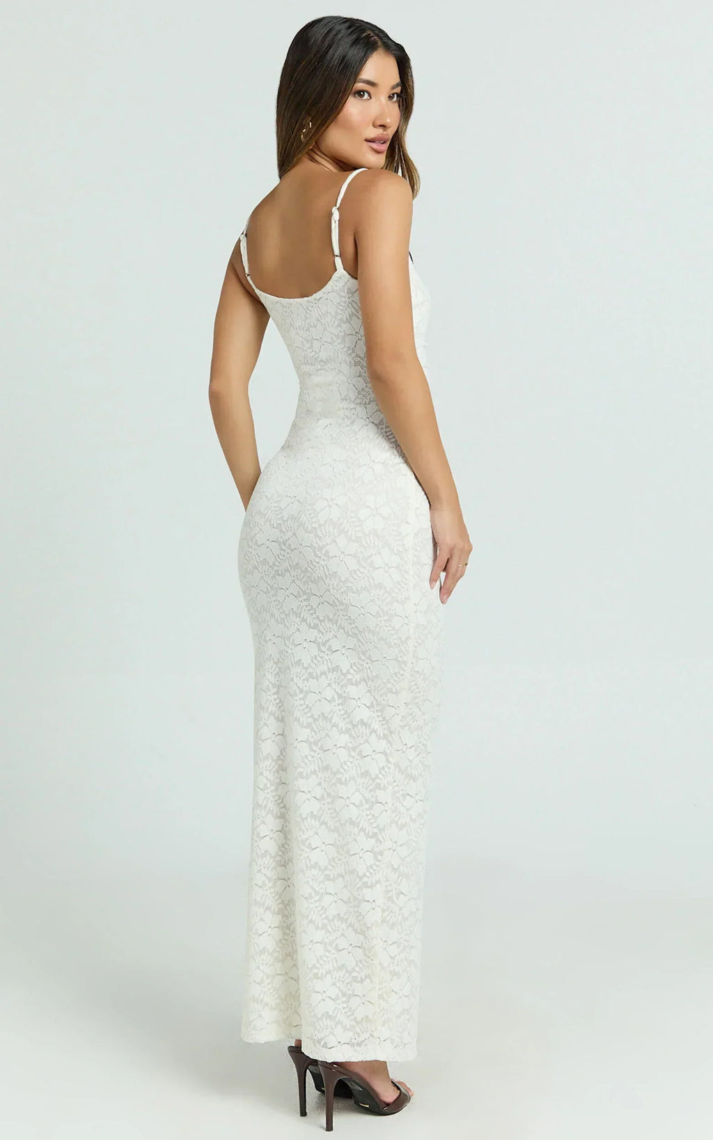 Carly Maxi Dress - Stretch Lace Scoop Neck Dress in Off White