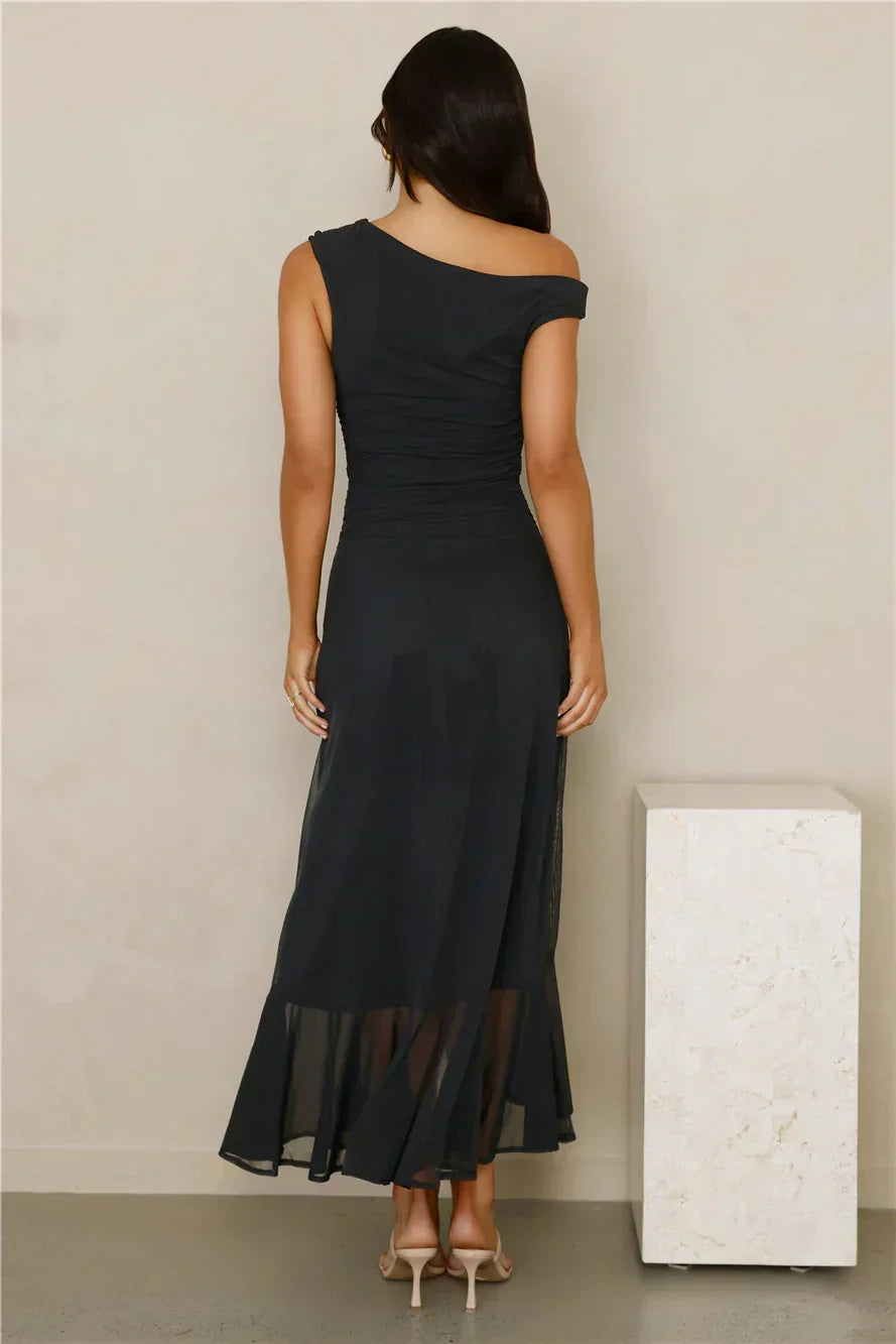 Effortless Girl Off Shoulder Mesh Midi Dress