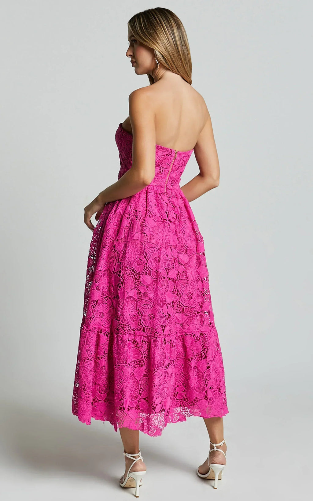 Gabriela Midi Dress - Strapless Lace Dress In Magenta