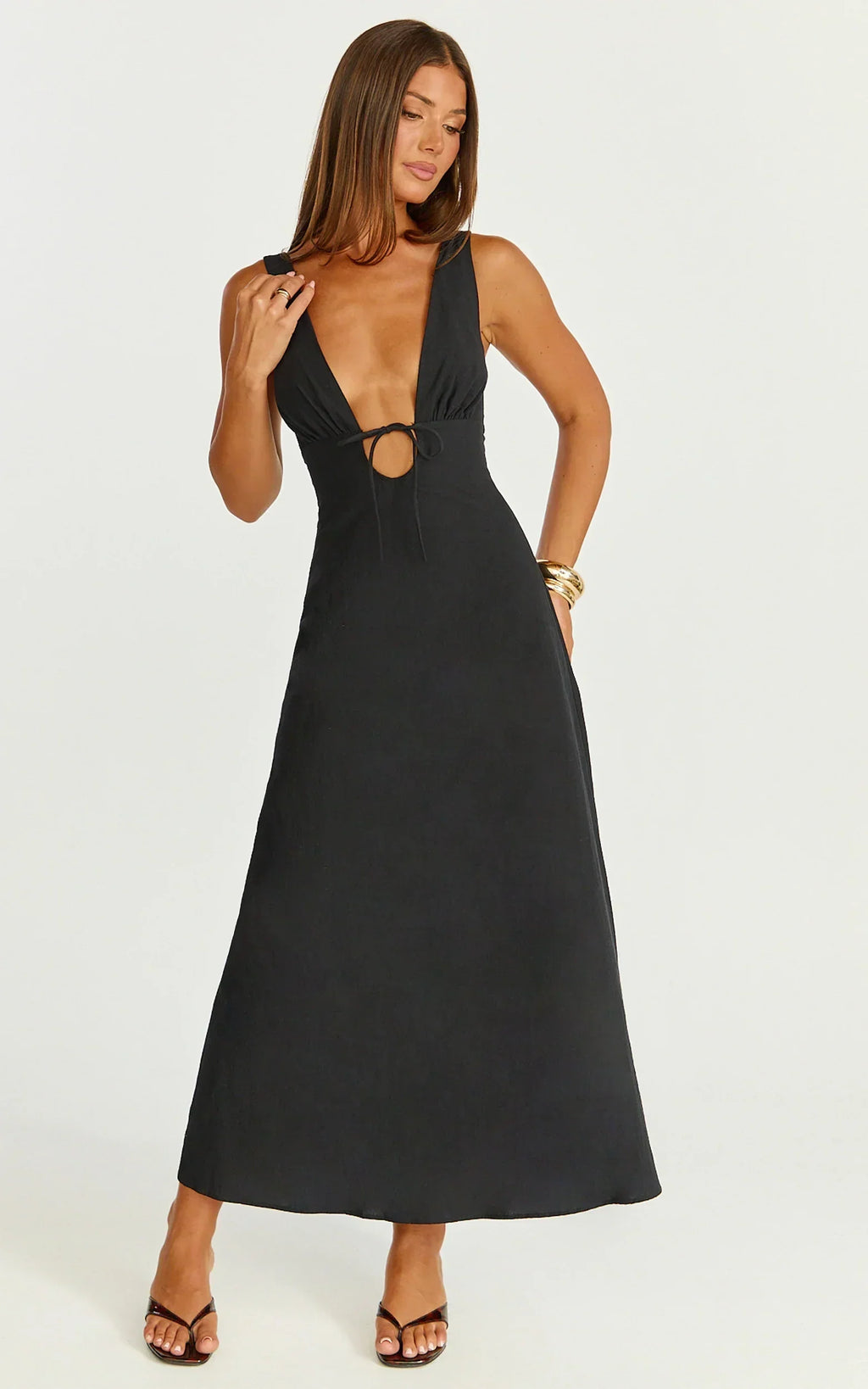 Silvena Midi Dress - Plunge Neckline Tie Front A Line Dress In Black