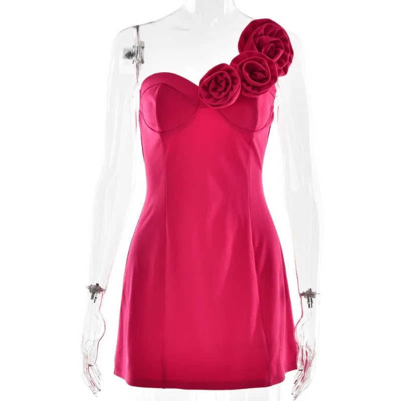 3D Flower-Appliques One Shoulder Backless Mini Dress