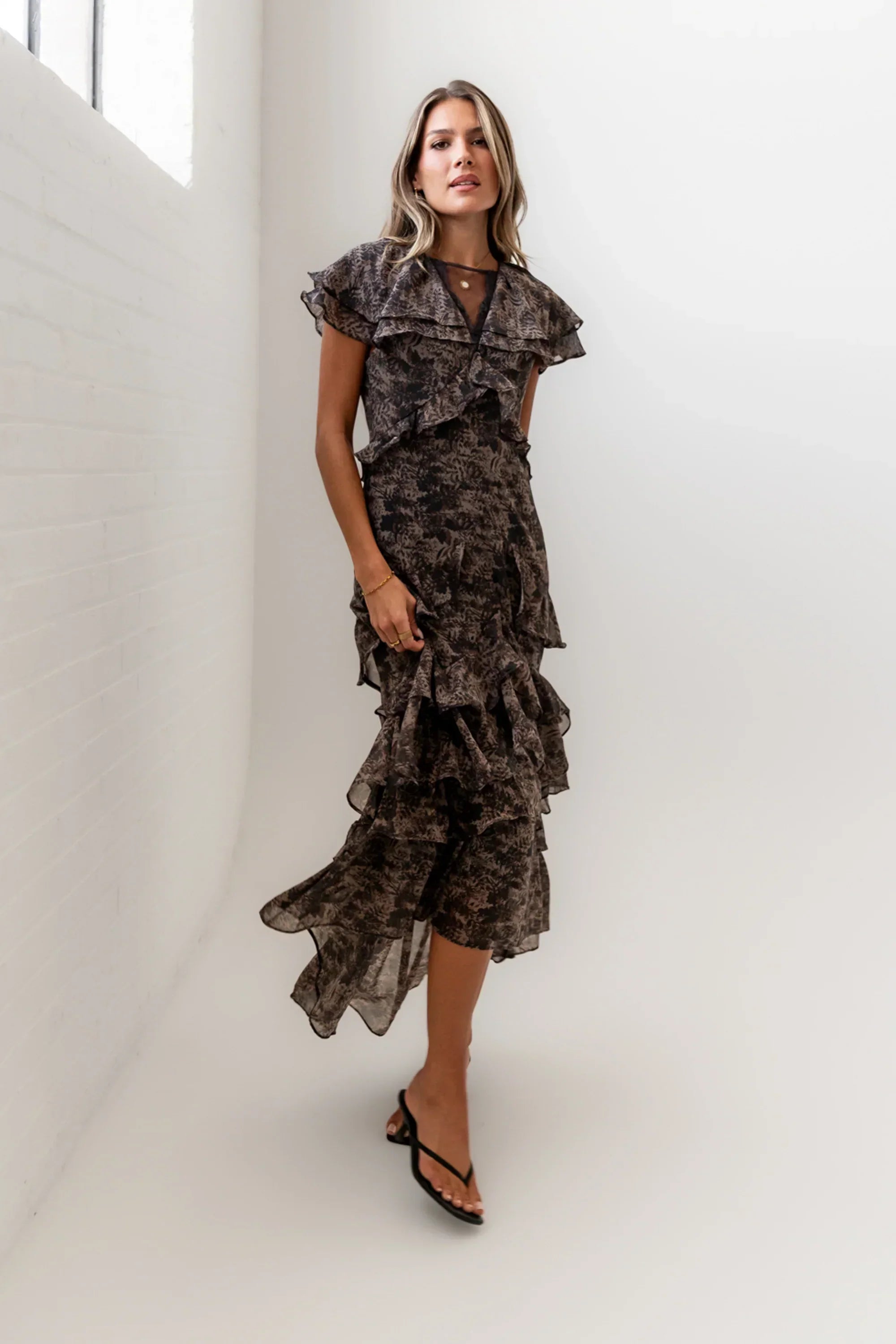 James Ruffle Maxi Dress In Grey
