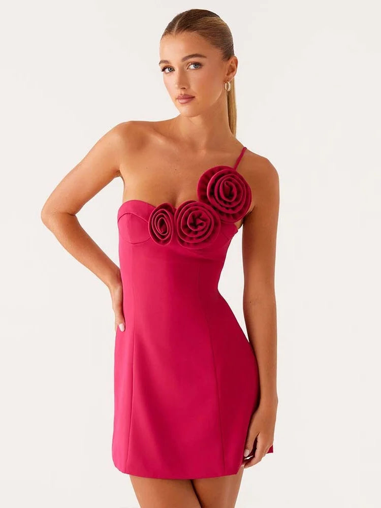 3D Flower-Appliques One Shoulder Backless Mini Dress