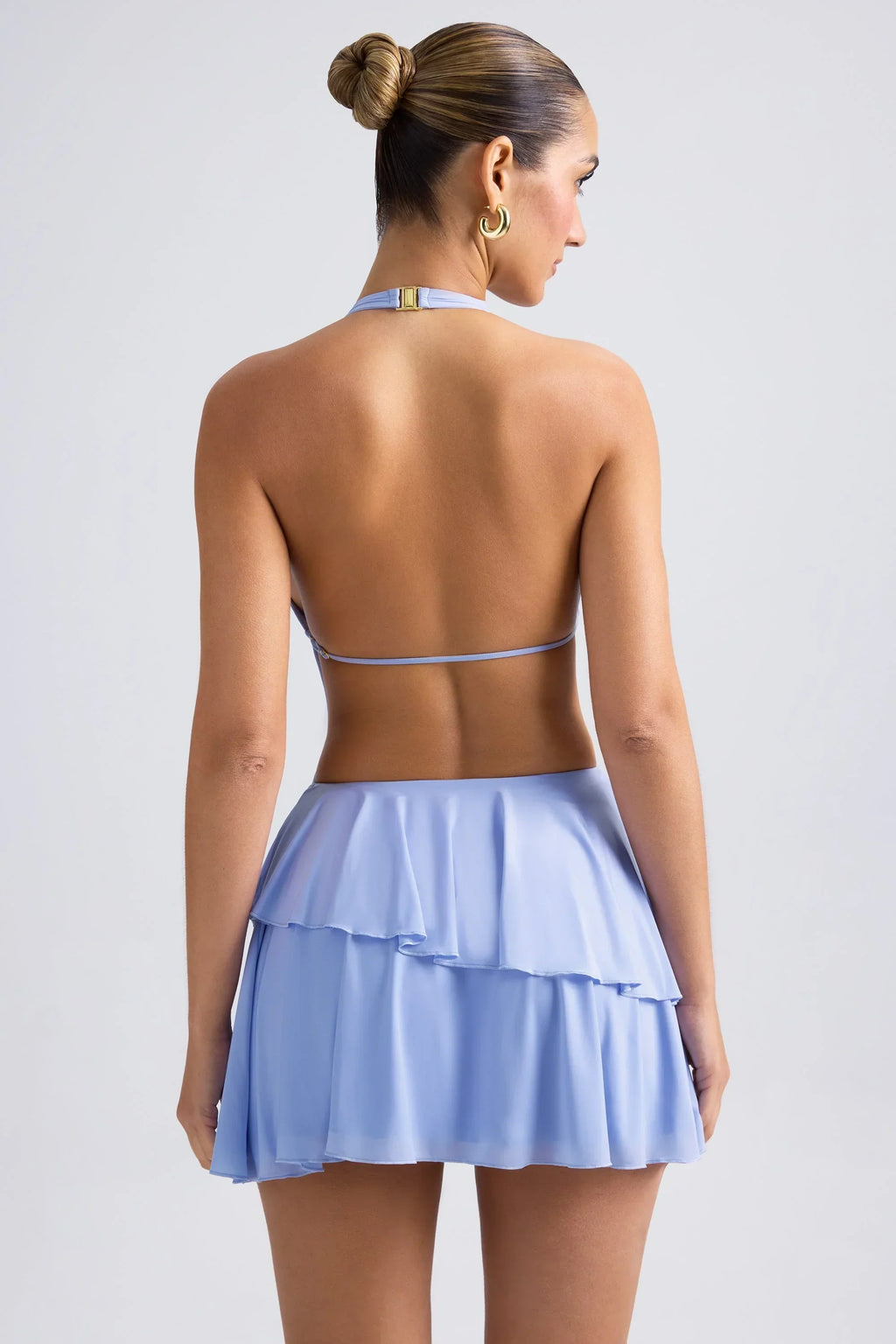 Ruffled Cut-Out Halterneck Mini Dress In Periwinkle Blue