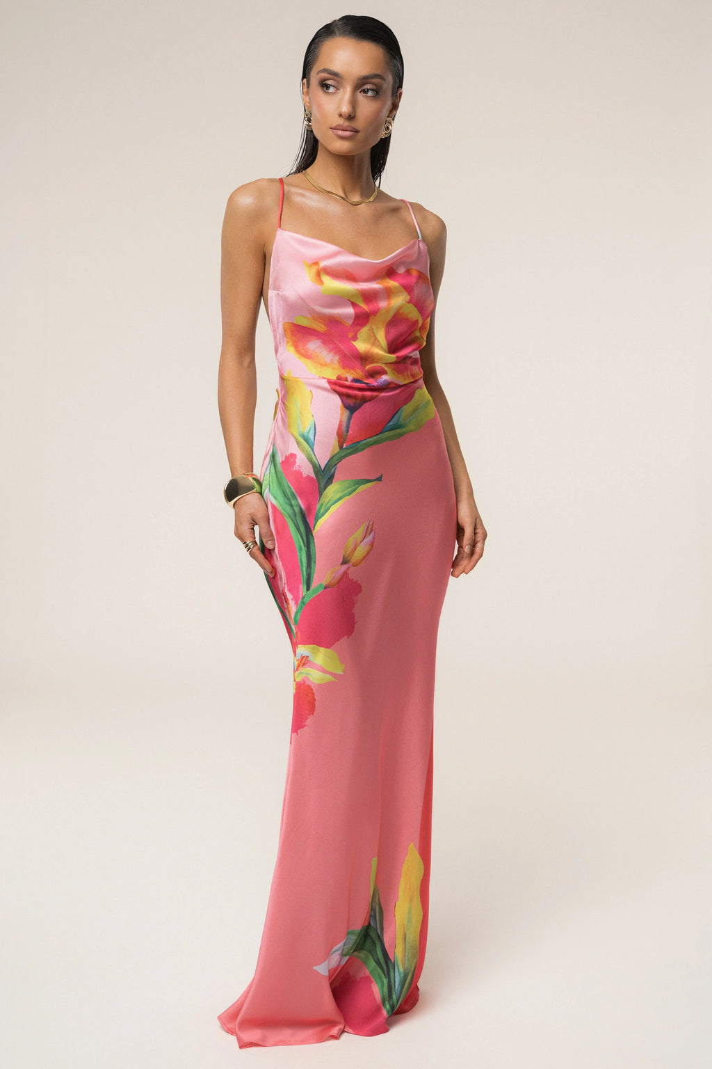 Satin Floral Print Maxi Dress