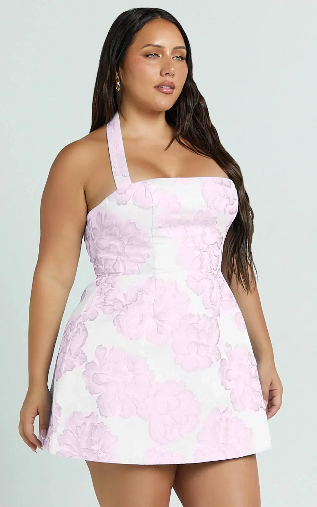 Gabbie Mini Dress - Jacquard Halter Fit And Flare Dress In Pink