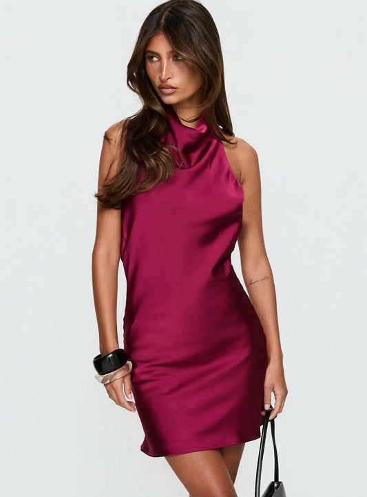 A-List Halter Cowl Neck Mini Dress Plum