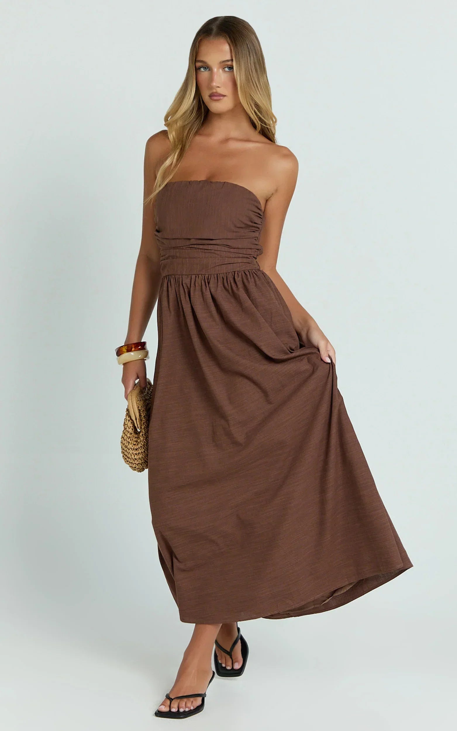 Polly Midi Dress - Strapless Ruched Dress In Chocolate